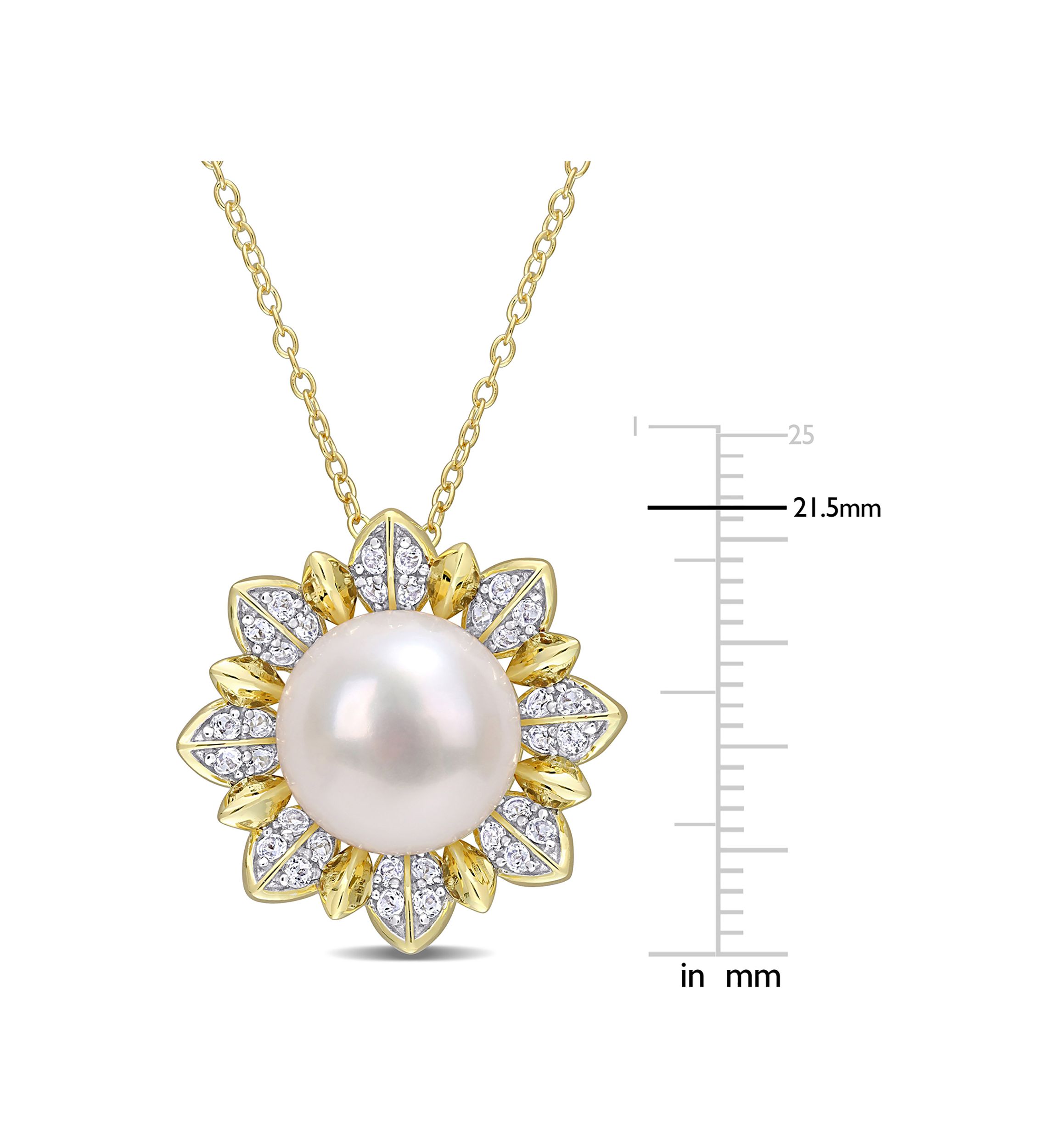8.5-9 MM Cultured Freshwater Pearl and 1 CT TGW White Topaz Floral Pendant with Chain in Yellow Plated Sterling Silver