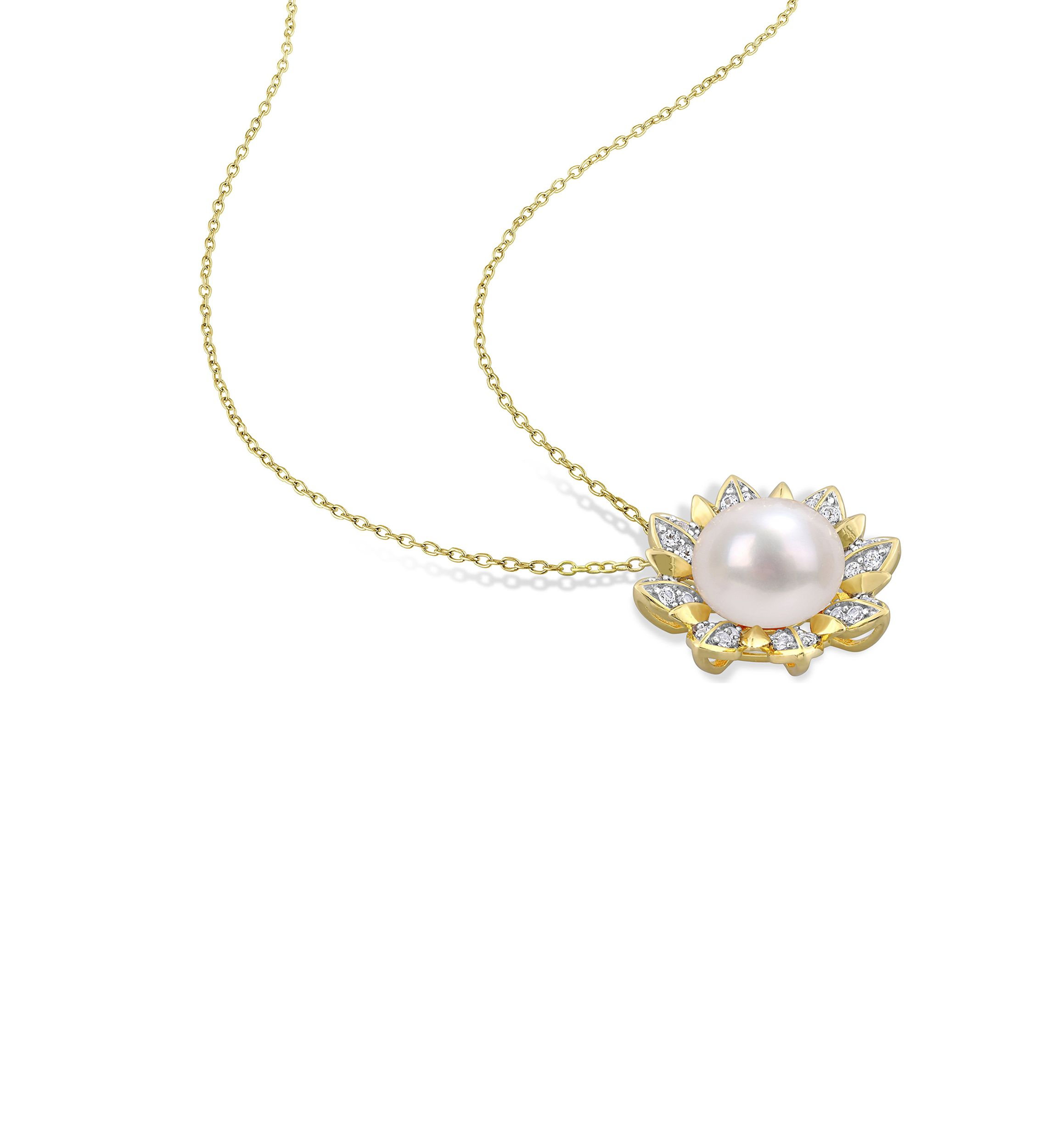 8.5-9 MM Cultured Freshwater Pearl and 1 CT TGW White Topaz Floral Pendant with Chain in Yellow Plated Sterling Silver