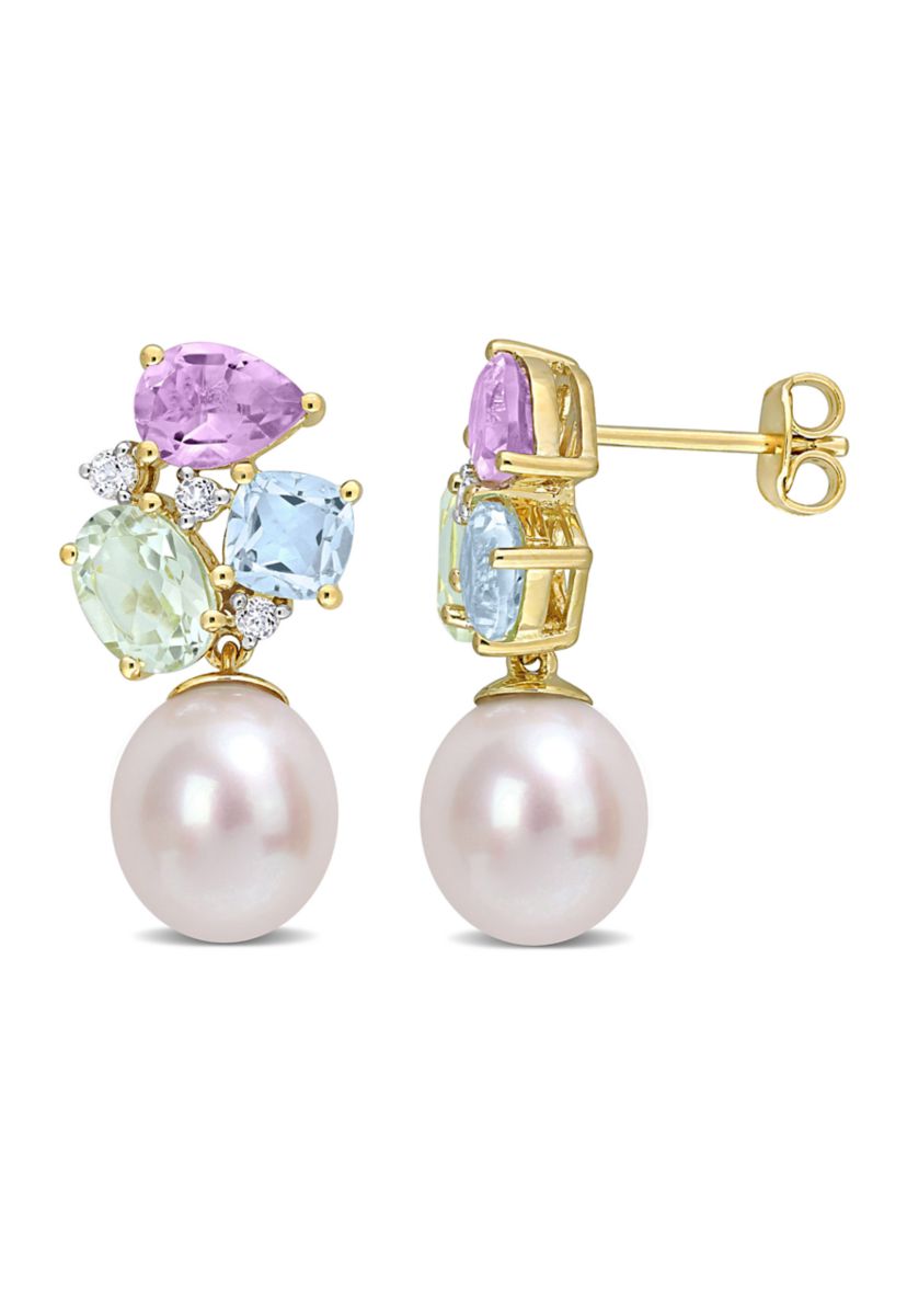 9-9.5mm Freshwater Cultured Pearl and 4 3/4 CT TGW Multi-Color Gemstone Drop Earrings in Yellow Plated Sterling Silver
