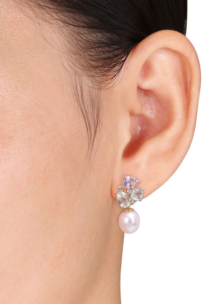 9-9.5mm Freshwater Cultured Pearl and 4 3/4 CT TGW Multi-Color Gemstone Drop Earrings in Yellow Plated Sterling Silver
