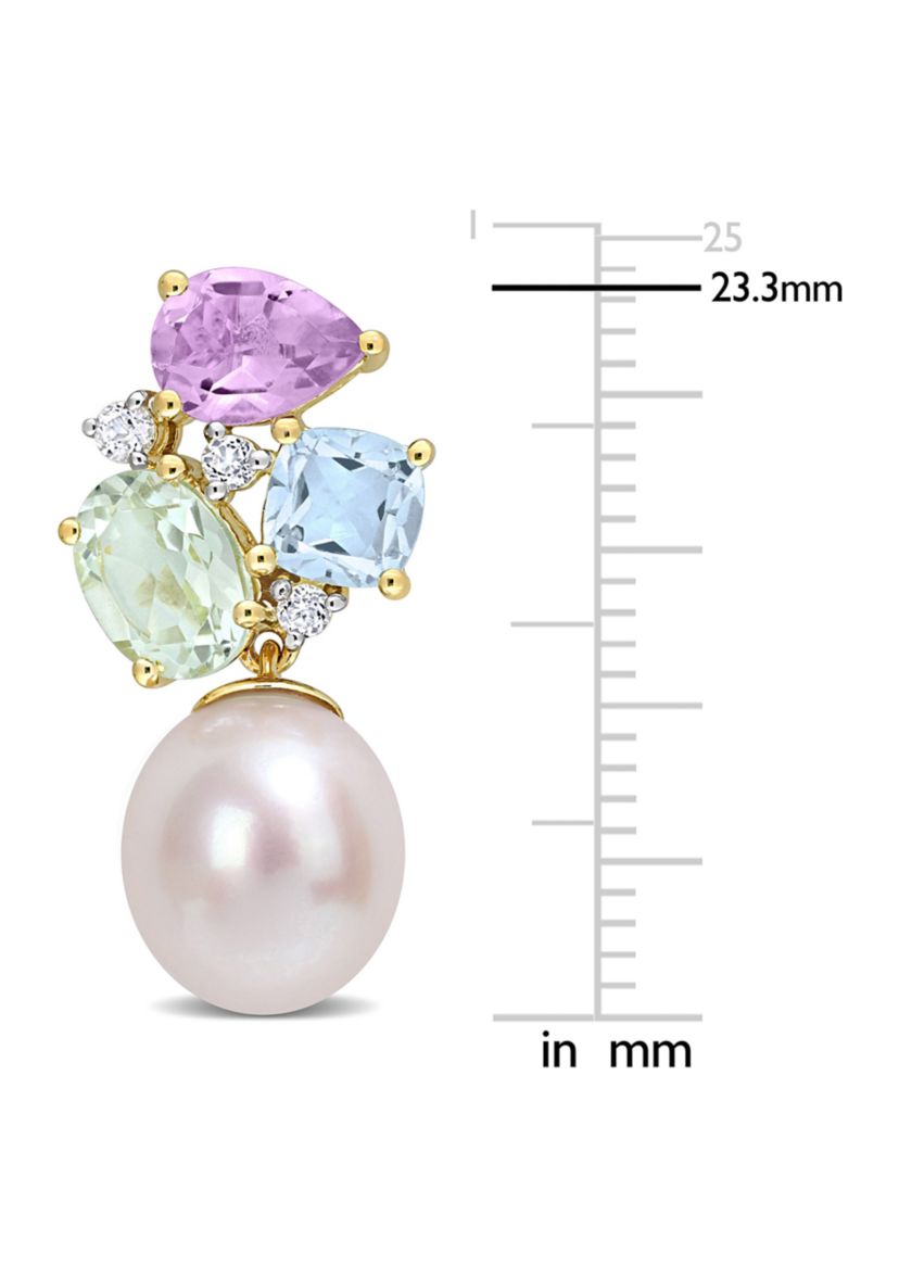 9-9.5mm Freshwater Cultured Pearl and 4 3/4 CT TGW Multi-Color Gemstone Drop Earrings in Yellow Plated Sterling Silver