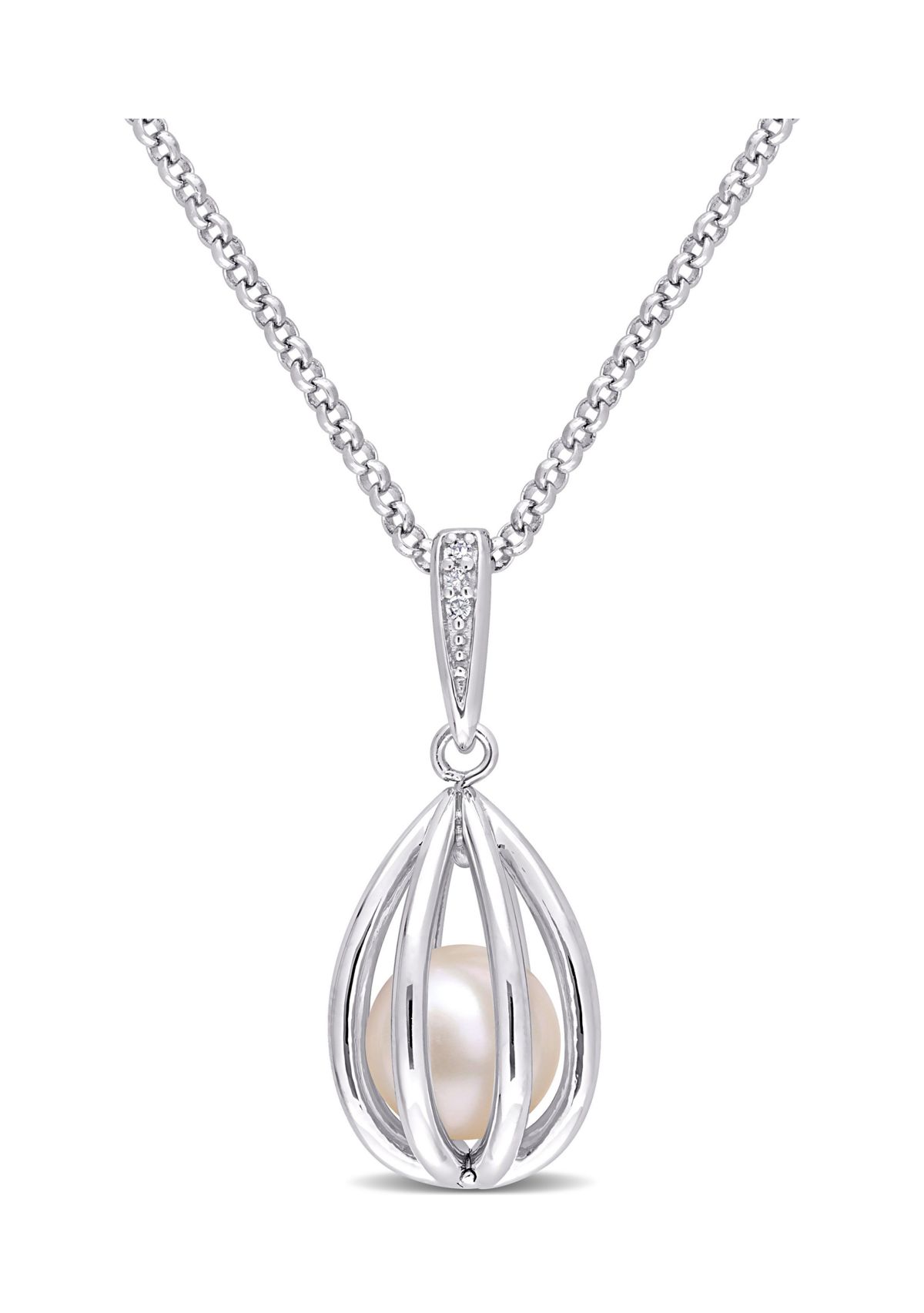 8-8.5mm Freshwater Cultured Pearl and Diamond Accent Pearl Necklace with Chain in Sterling Silver