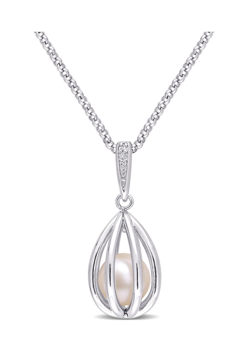 8-8.5mm Freshwater Cultured Pearl and Diamond Accent Pearl Necklace with Chain in Sterling Silver