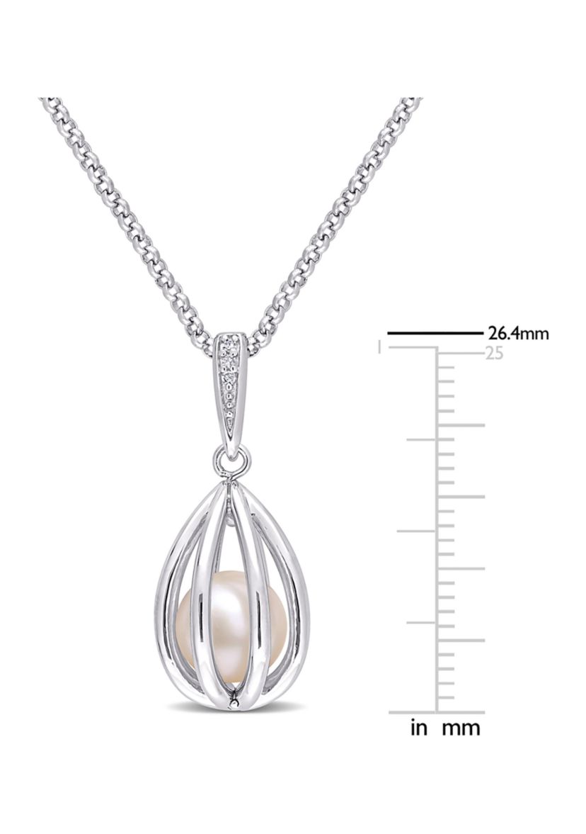 8-8.5mm Freshwater Cultured Pearl and Diamond Accent Pearl Necklace with Chain in Sterling Silver