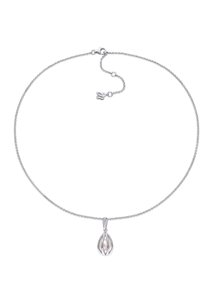 8-8.5mm Freshwater Cultured Pearl and Diamond Accent Pearl Necklace with Chain in Sterling Silver