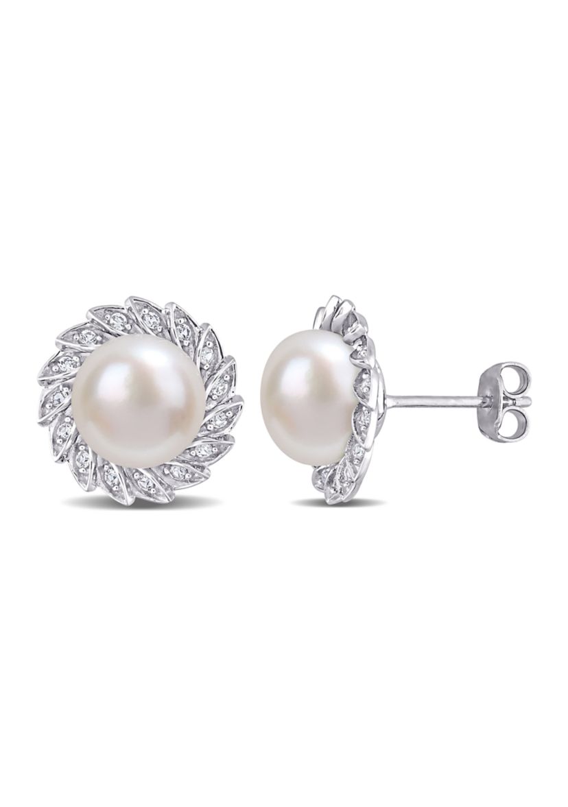 Lab Created 9.5-10mm Freshwater Cultured Pearl and 1/3 CT TGW Created White Sapphire Halo Pearl Stud Earrings in Sterling Silver