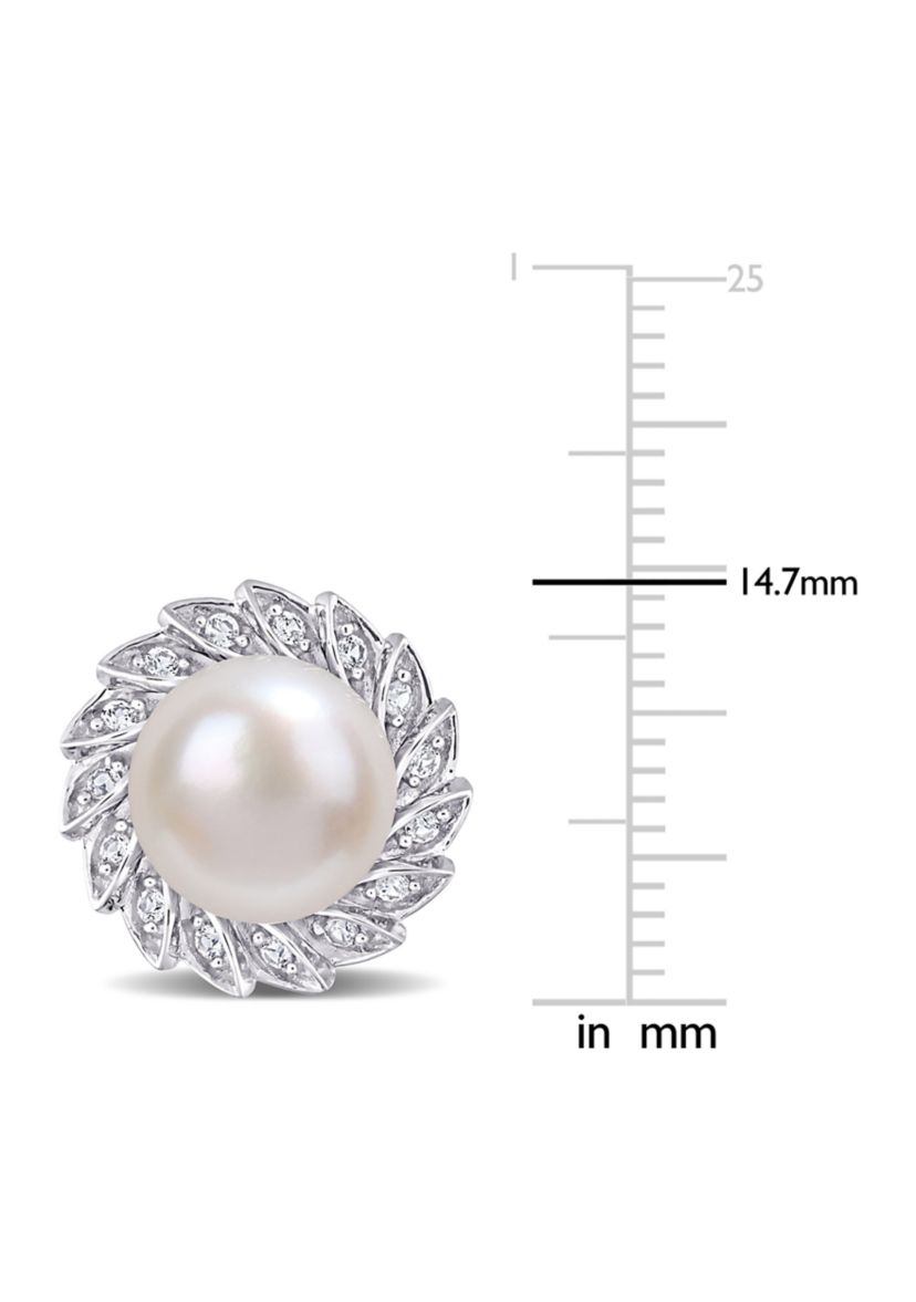 Lab Created 9.5-10mm Freshwater Cultured Pearl and 1/3 CT TGW Created White Sapphire Halo Pearl Stud Earrings in Sterling Silver