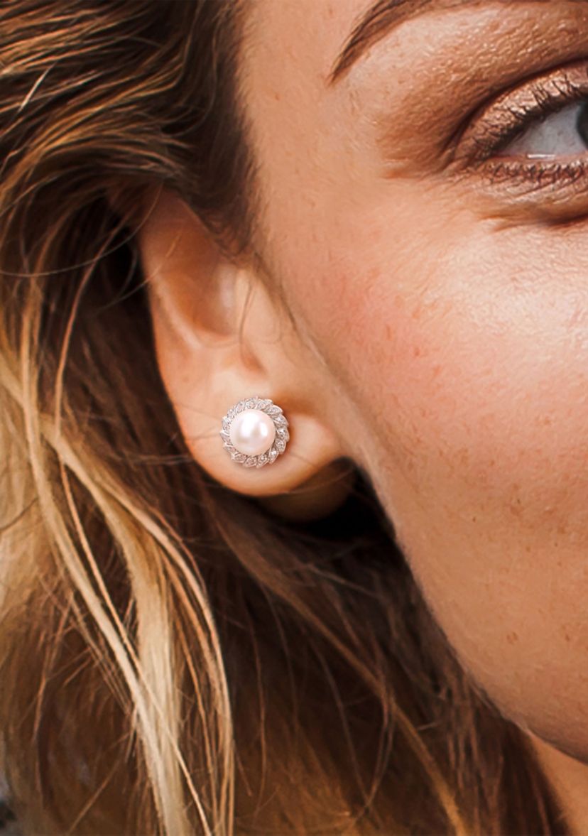 Lab Created 9.5-10mm Freshwater Cultured Pearl and 1/3 CT TGW Created White Sapphire Halo Pearl Stud Earrings in Sterling Silver