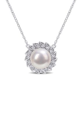 Belk & Co Lab Created 9.5-10Mm Freshwater Cultured Pearl And 1/6 Ct Tgw Created White Sapphire Halo Pearl Pendant With Chain In Sterling Silver