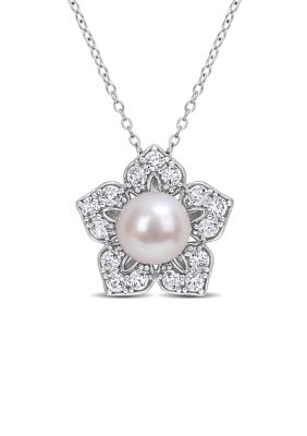 Belk & Co Lab Created 8.5-9Mm Freshwater Cultured Pearl And 1 1/3 Ct Tgw Created White Sapphire Floral Pendant With Chain In Sterling Silver