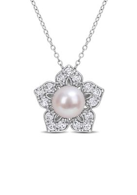 Belk & Co Lab Created 8.5-9mm Freshwater Cultured Pearl and 1 1/3 CT TGW White Sapphire Floral Pendant with Chain in Sterling Silver