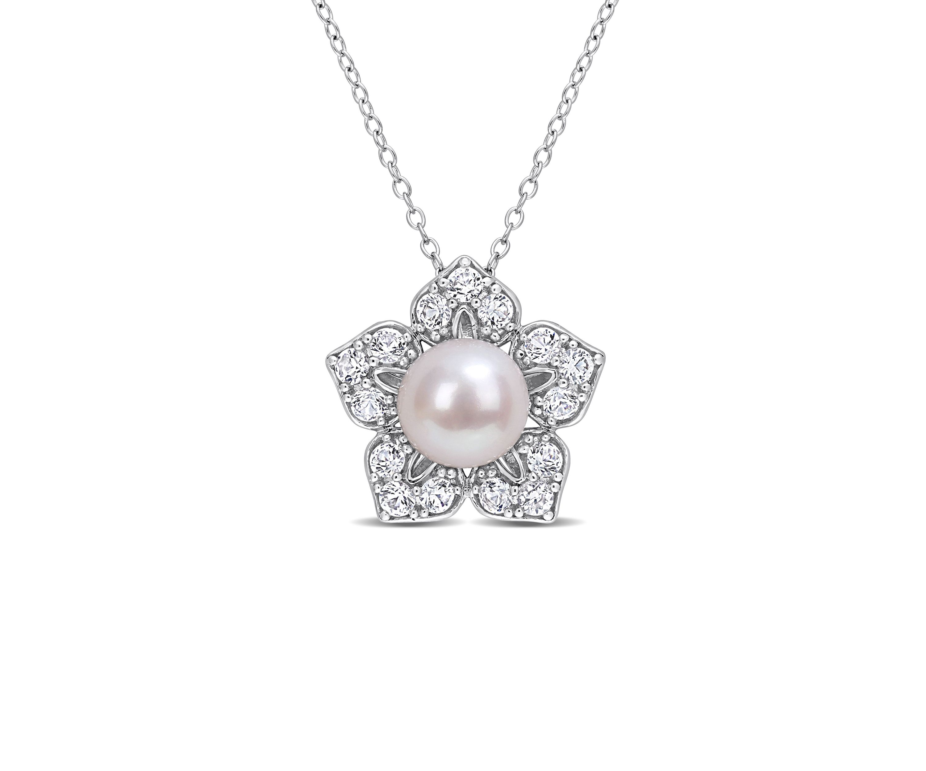 Lab Created 8.5-9mm Freshwater Cultured Pearl and 1 1/3 CT TGW Created White Sapphire Floral Pendant with Chain in Sterling Silver