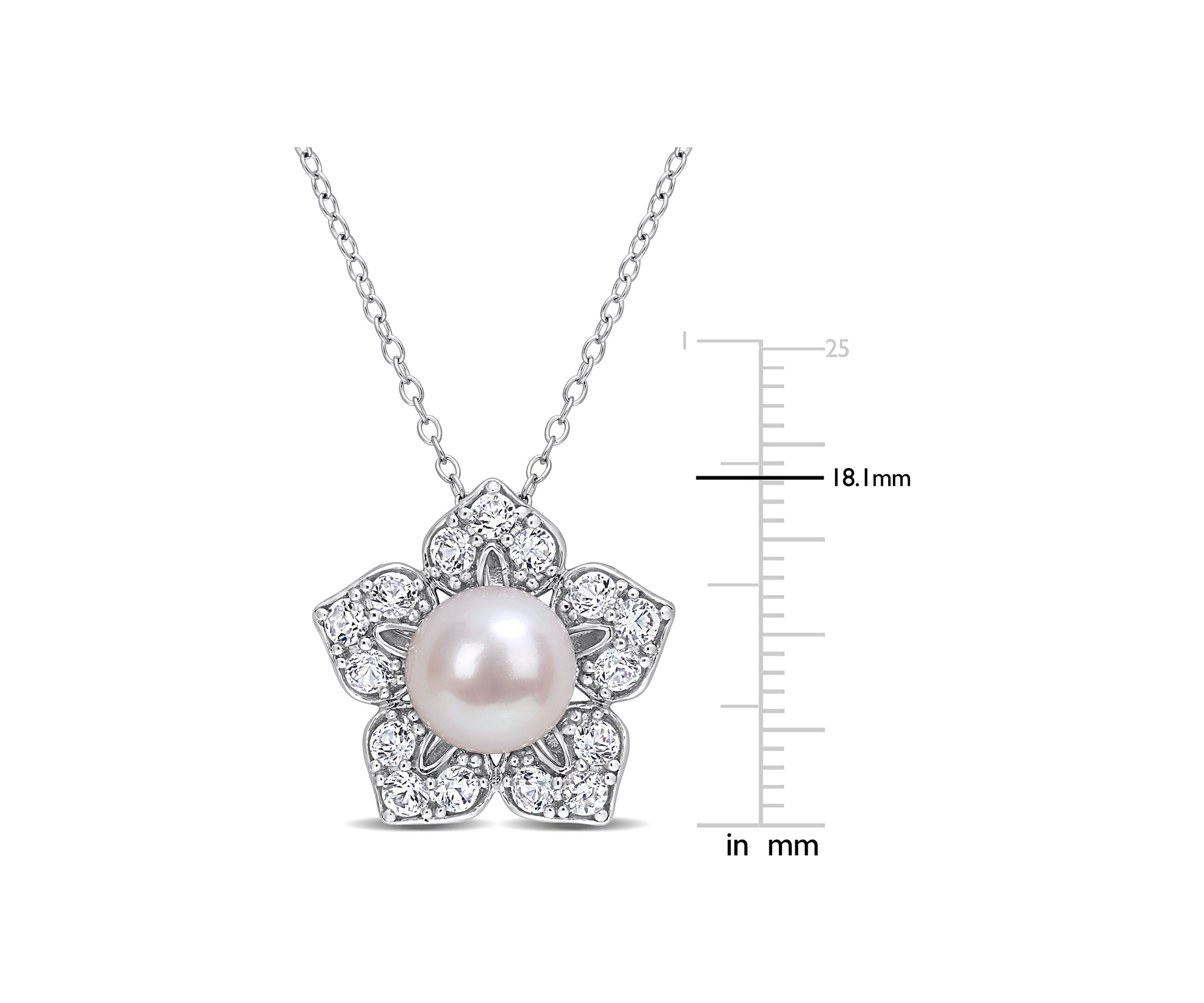 Lab Created 8.5-9mm Freshwater Cultured Pearl and 1 1/3 CT TGW Created White Sapphire Floral Pendant with Chain in Sterling Silver