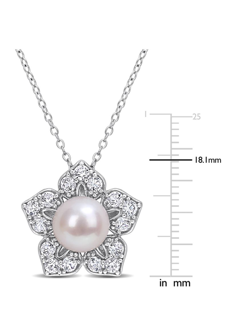 Lab Created 8.5-9mm Freshwater Cultured Pearl and 1 1/3 CT TGW Created White Sapphire Floral Pendant with Chain in Sterling Silver