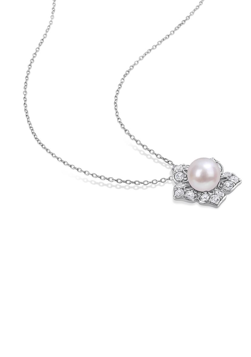 Lab Created 8.5-9mm Freshwater Cultured Pearl and 1 1/3 CT TGW Created White Sapphire Floral Pendant with Chain in Sterling Silver
