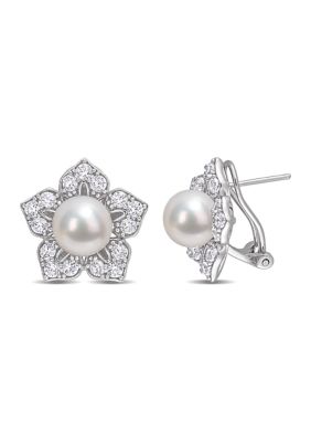 Belk & Co Lab Created 8.5-9mm Freshwater Cultured Pearl and 2 3/4 CT TGW White Sapphire Floral Earrings in Sterling Silver