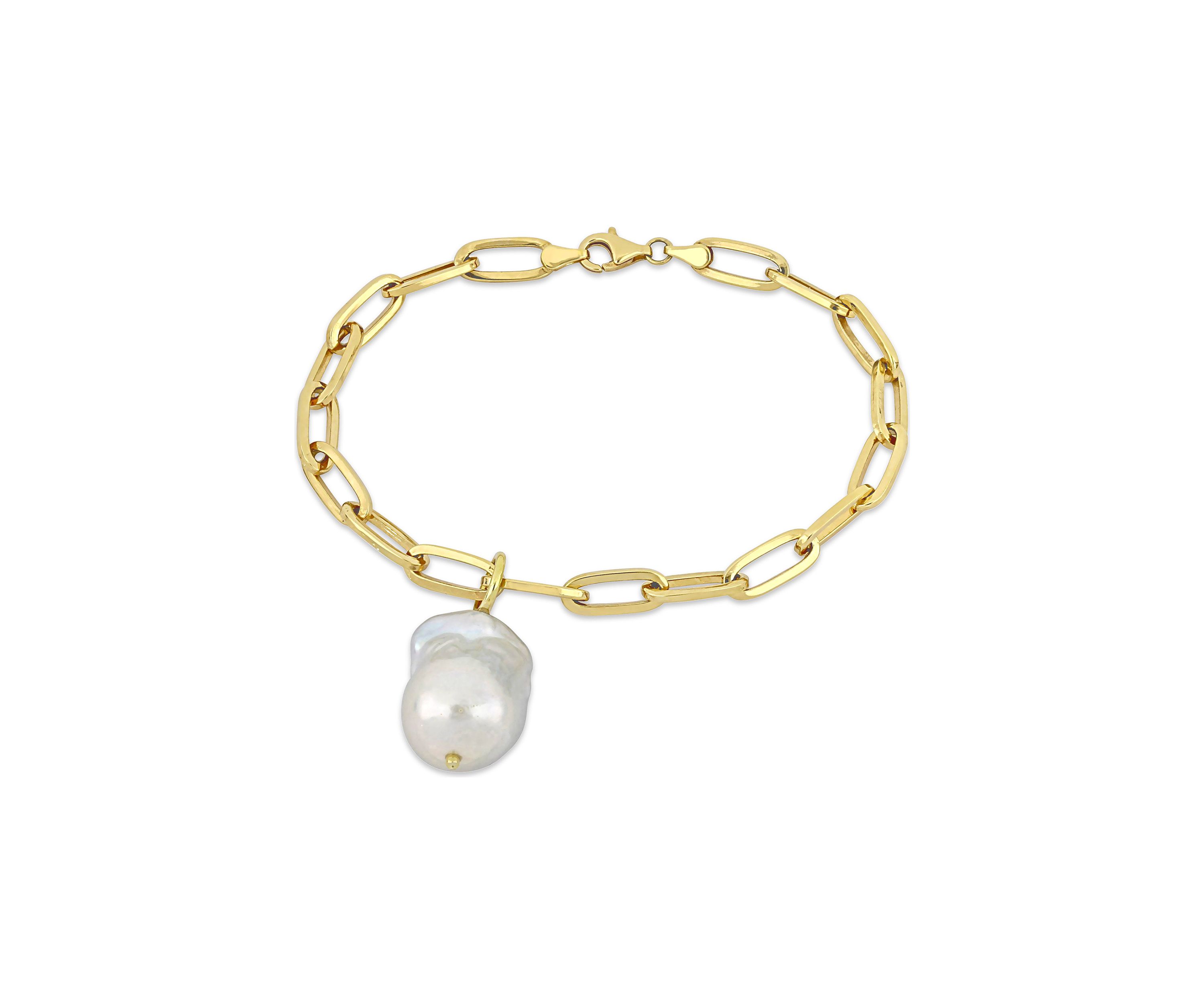 13-14mm Freshwater Cultured Pearl 5.3mm Paperclip Link Bracelet in 18k Yellow Gold Plated Sterling Silver