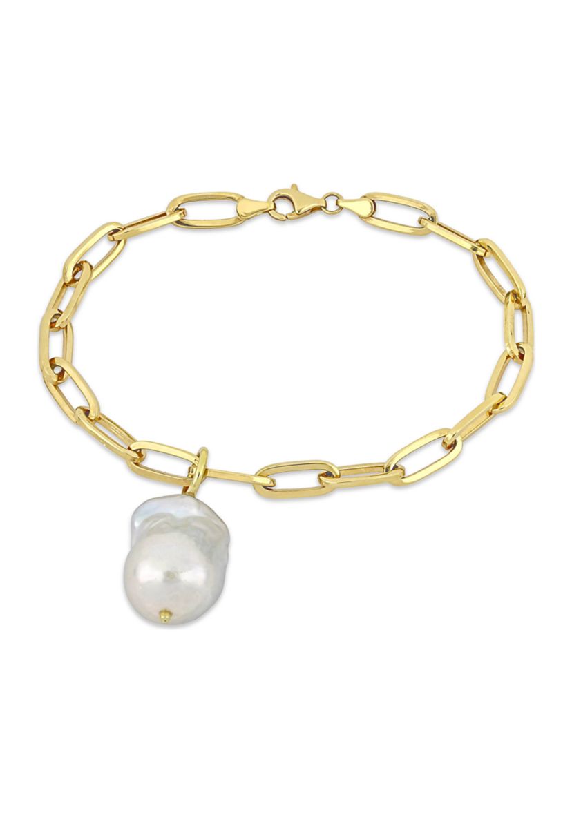 13-14mm Freshwater Cultured Pearl 5.3mm Paperclip Link Bracelet in 18k Yellow Gold Plated Sterling Silver