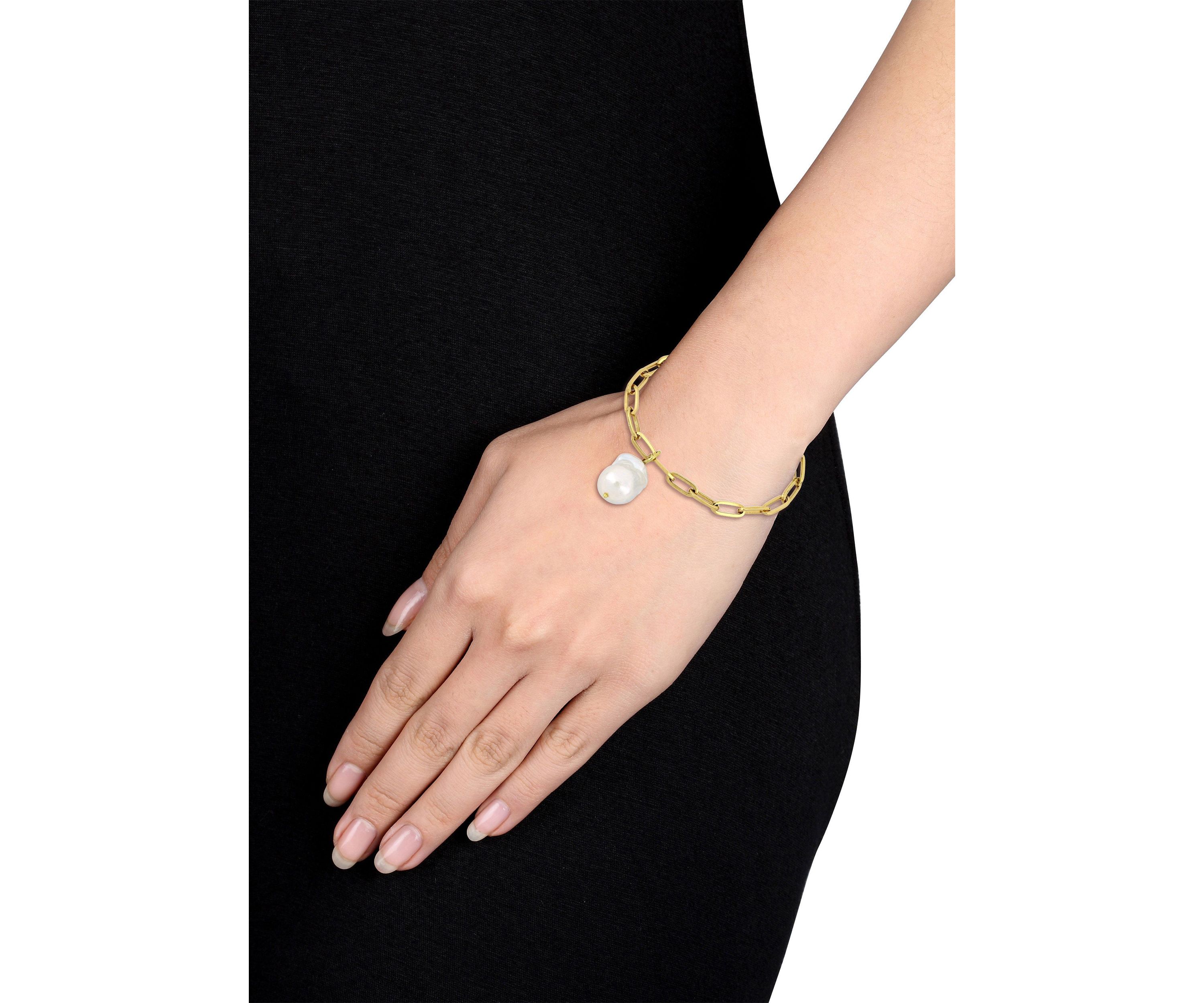13-14mm Freshwater Cultured Pearl 5.3mm Paperclip Link Bracelet in 18k Yellow Gold Plated Sterling Silver