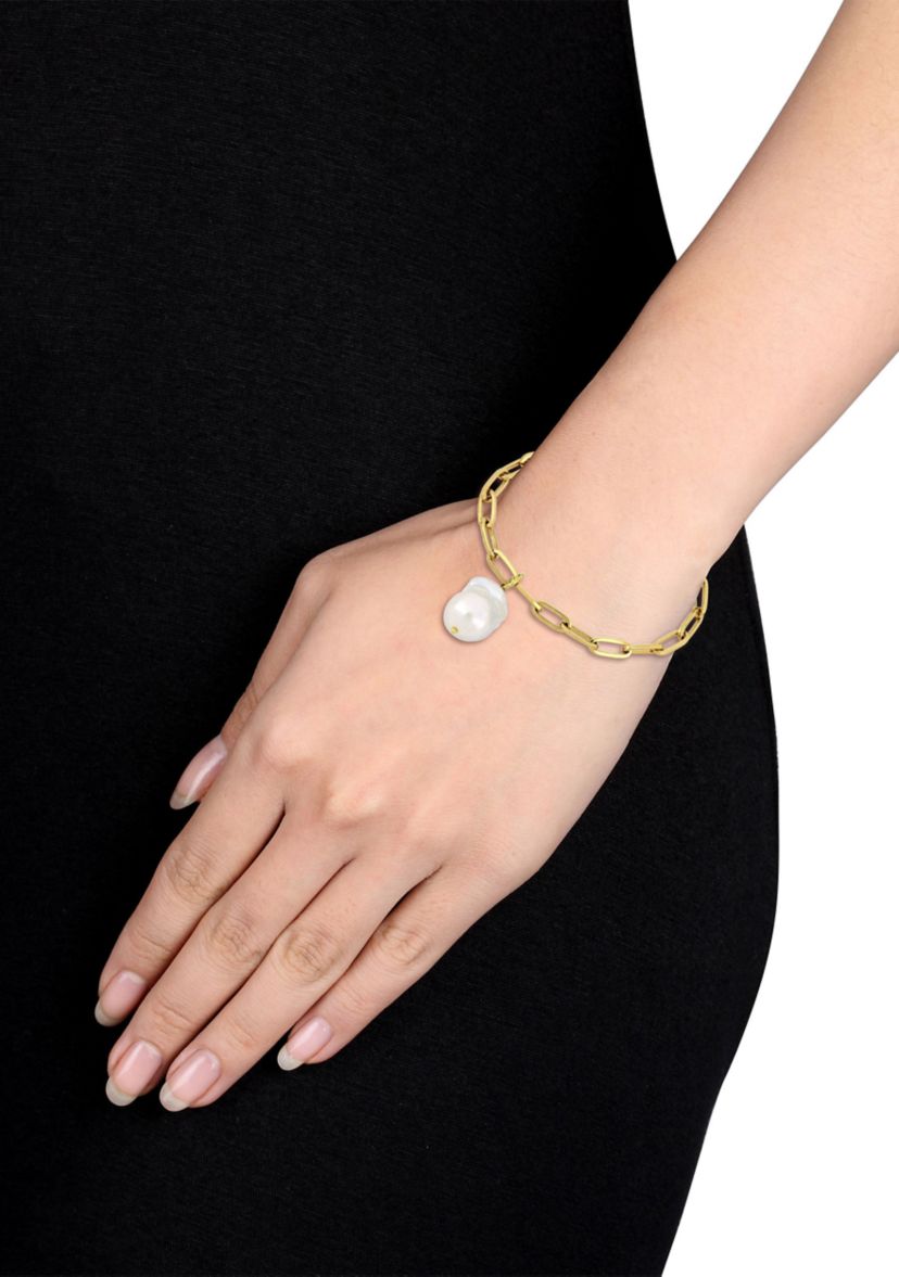 13-14mm Freshwater Cultured Pearl 5.3mm Paperclip Link Bracelet in 18k Yellow Gold Plated Sterling Silver