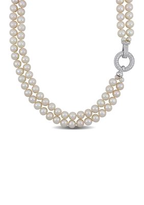 Haylee Jewels 7-8MM Freshwater Cultured Pearl 2-Strand Necklace with Cubic Zirconia Clasp in Sterling Silver, 17", White