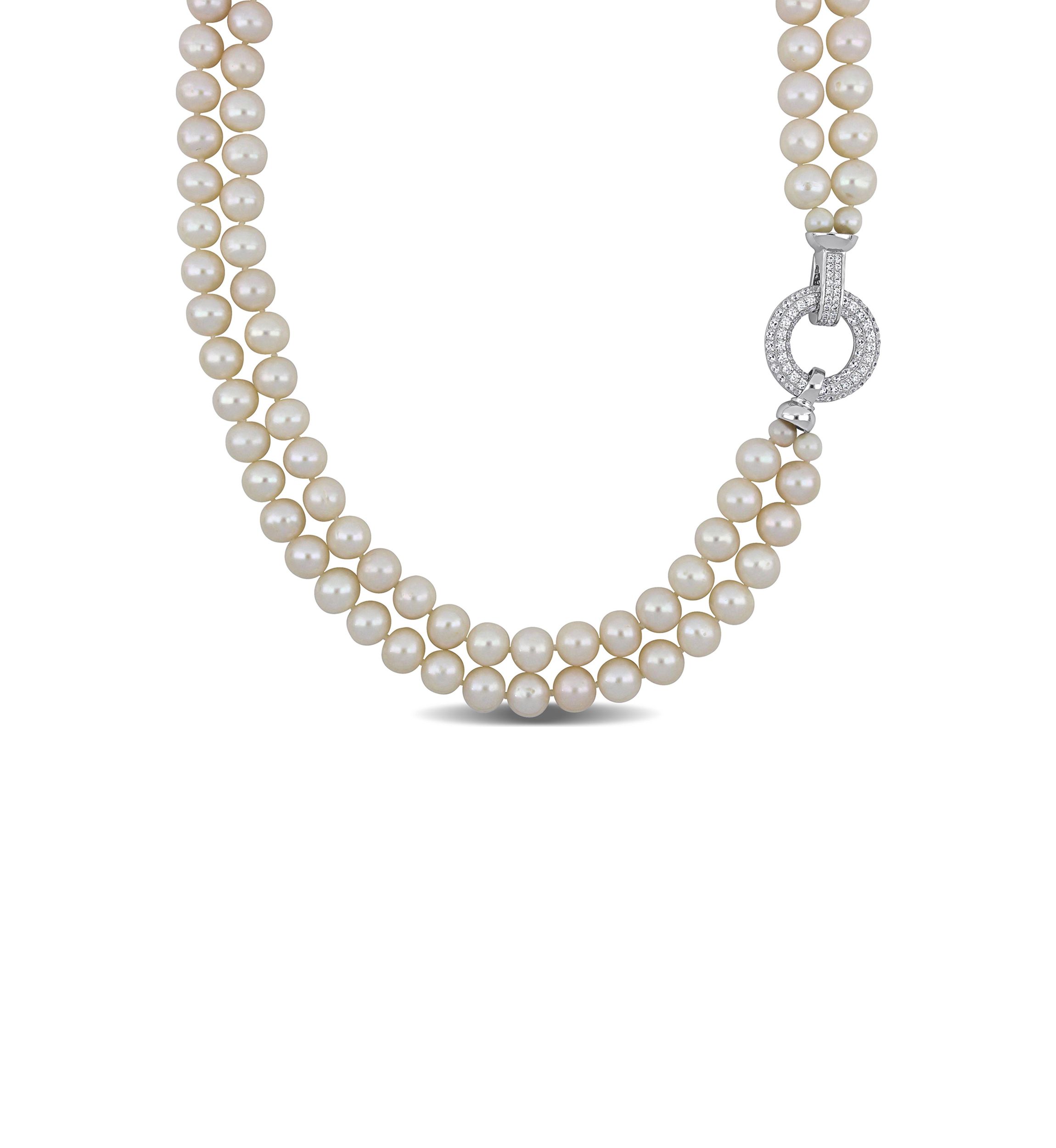 7-8MM Freshwater Cultured Pearl 2-Strand Necklace with Cubic Zirconia Clasp in Sterling Silver, 17"