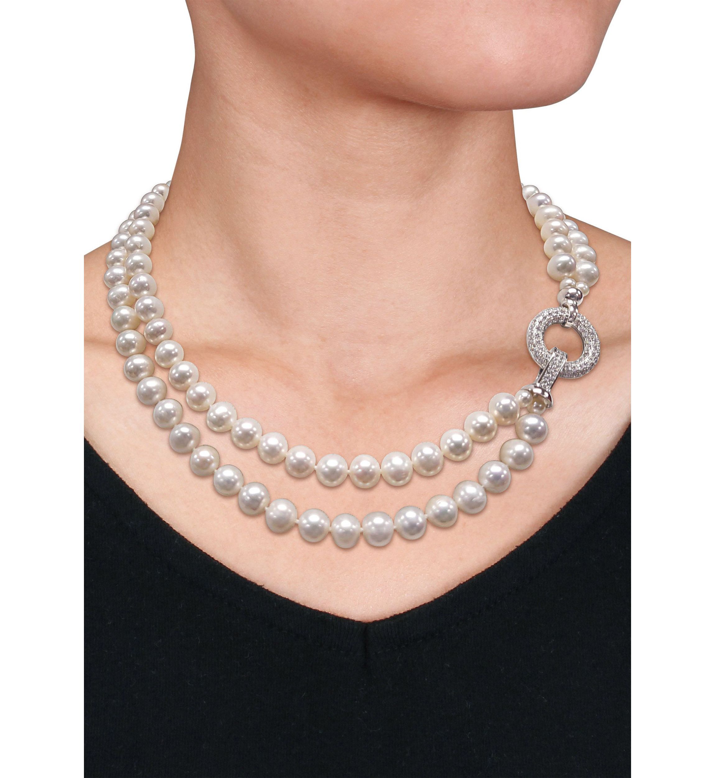 7-8MM Freshwater Cultured Pearl 2-Strand Necklace with Cubic Zirconia Clasp in Sterling Silver, 17"