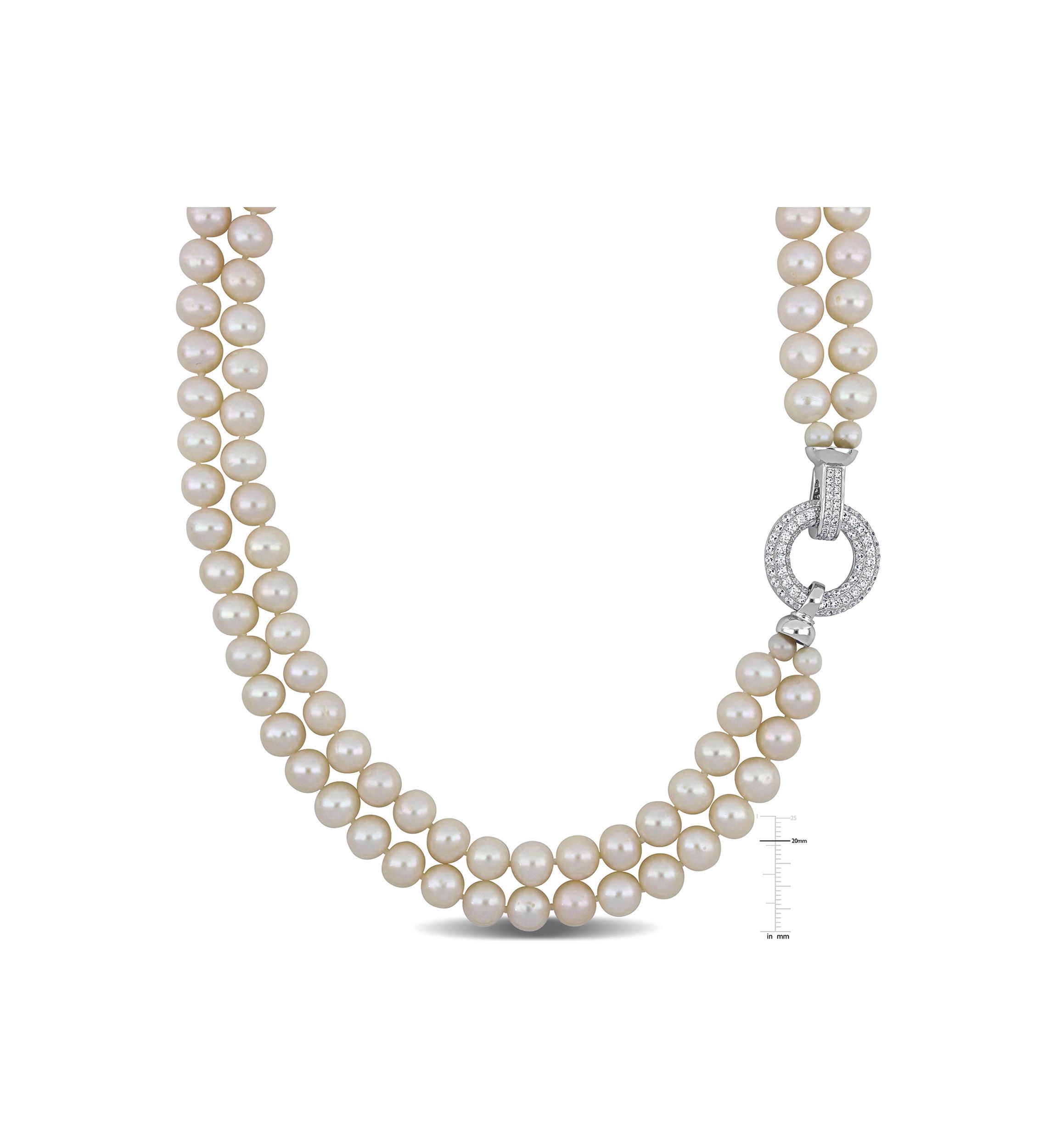 7-8MM Freshwater Cultured Pearl 2-Strand Necklace with Cubic Zirconia Clasp in Sterling Silver, 17"