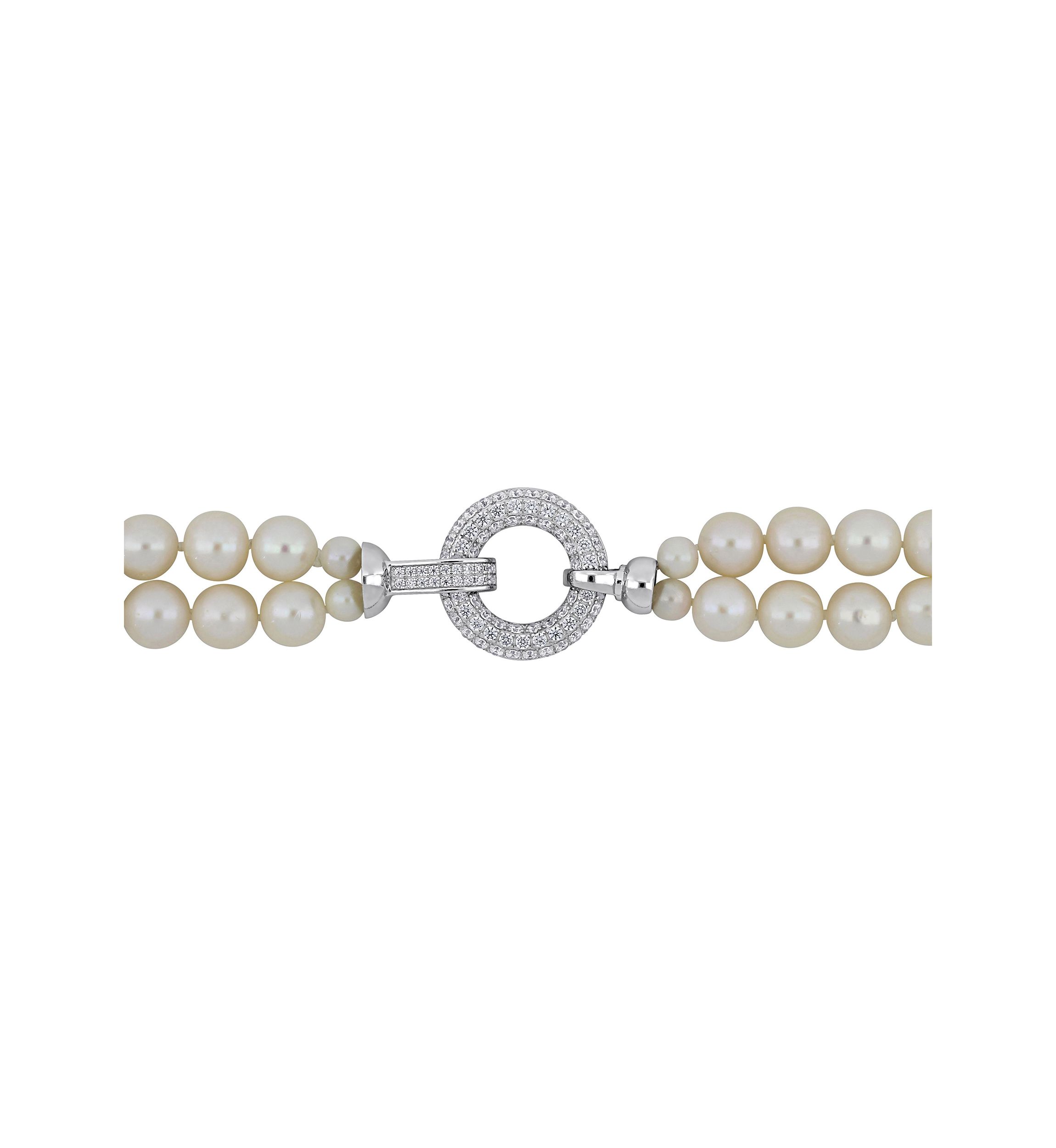 7-8MM Freshwater Cultured Pearl 2-Strand Necklace with Cubic Zirconia Clasp in Sterling Silver, 17"