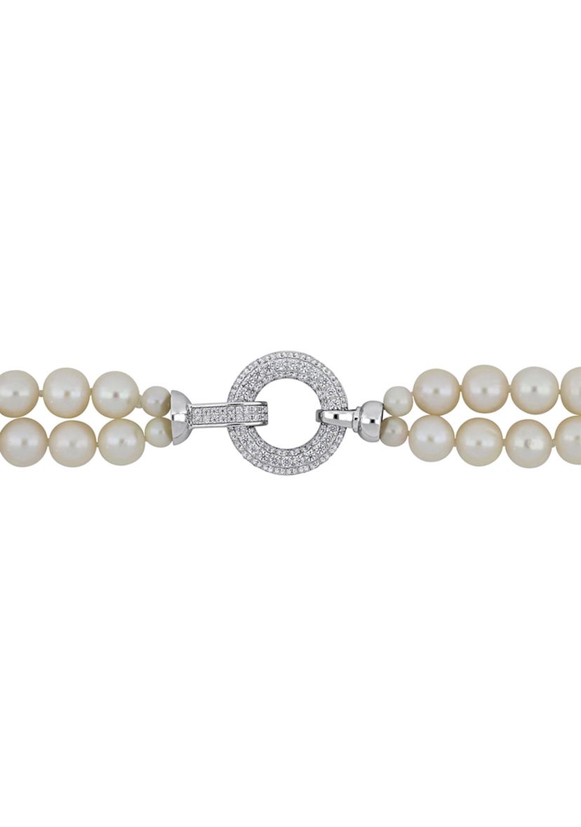 7-8MM Freshwater Cultured Pearl 2-Strand Necklace with Cubic Zirconia Clasp in Sterling Silver, 17"
