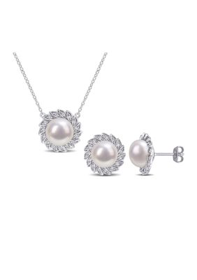 Lab Created 9.5-10Mm Freshwater Cultured Pearl And 1/2 Ct Tgw Created White Sapphire Halo Earrings And Pendant With Chain In Sterling Silver -  Belk & Co