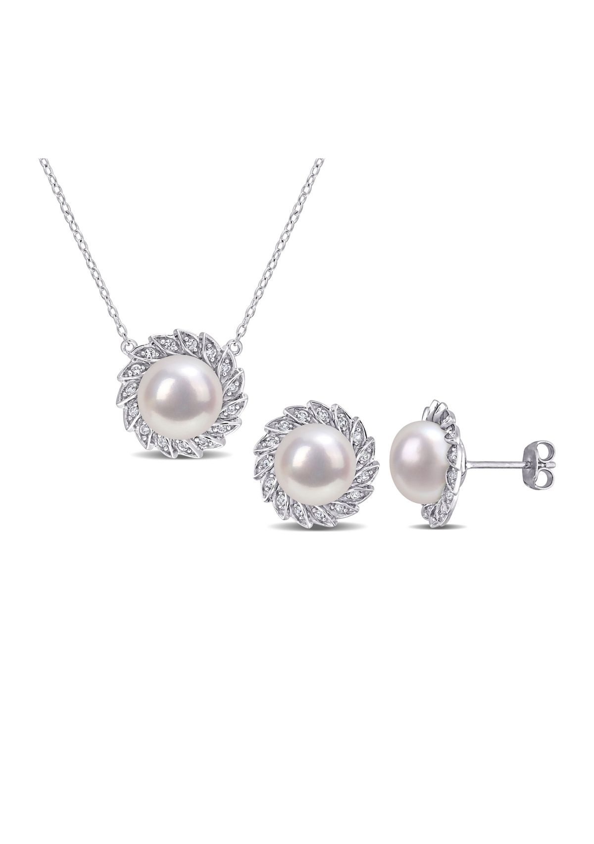 Lab Created 9.5-10mm Freshwater Cultured Pearl and 1/2 CT TGW Created White Sapphire Halo Earrings and Pendant with Chain in Sterling Silver