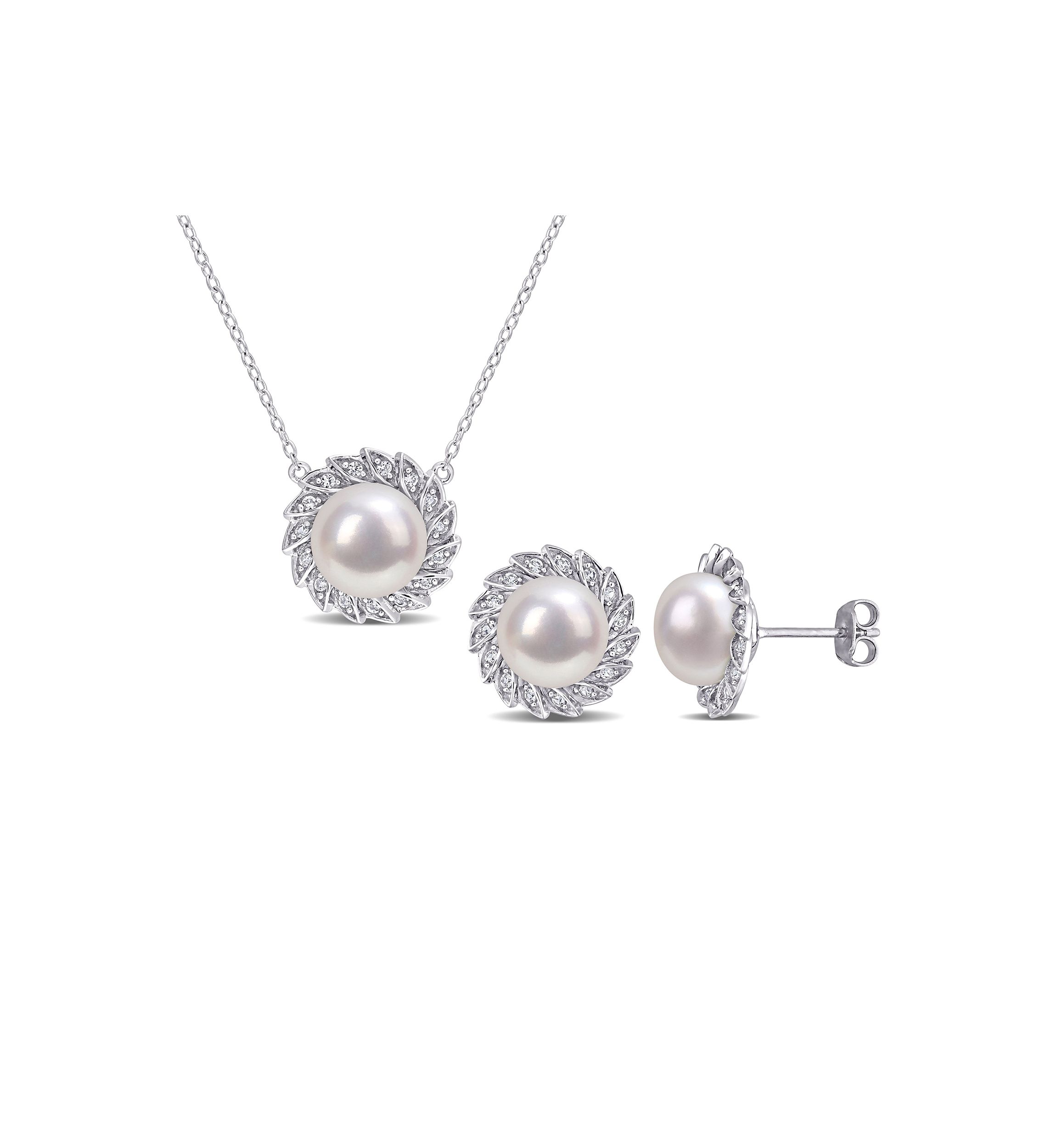 Lab Created 9.5-10mm Freshwater Cultured Pearl and 1/2 CT TGW Created White Sapphire Halo Earrings and Pendant with Chain in Sterling Silver