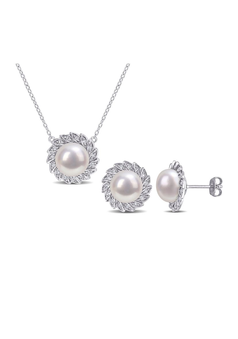 Lab Created 9.5-10mm Freshwater Cultured Pearl and 1/2 CT TGW Created White Sapphire Halo Earrings and Pendant with Chain in Sterling Silver