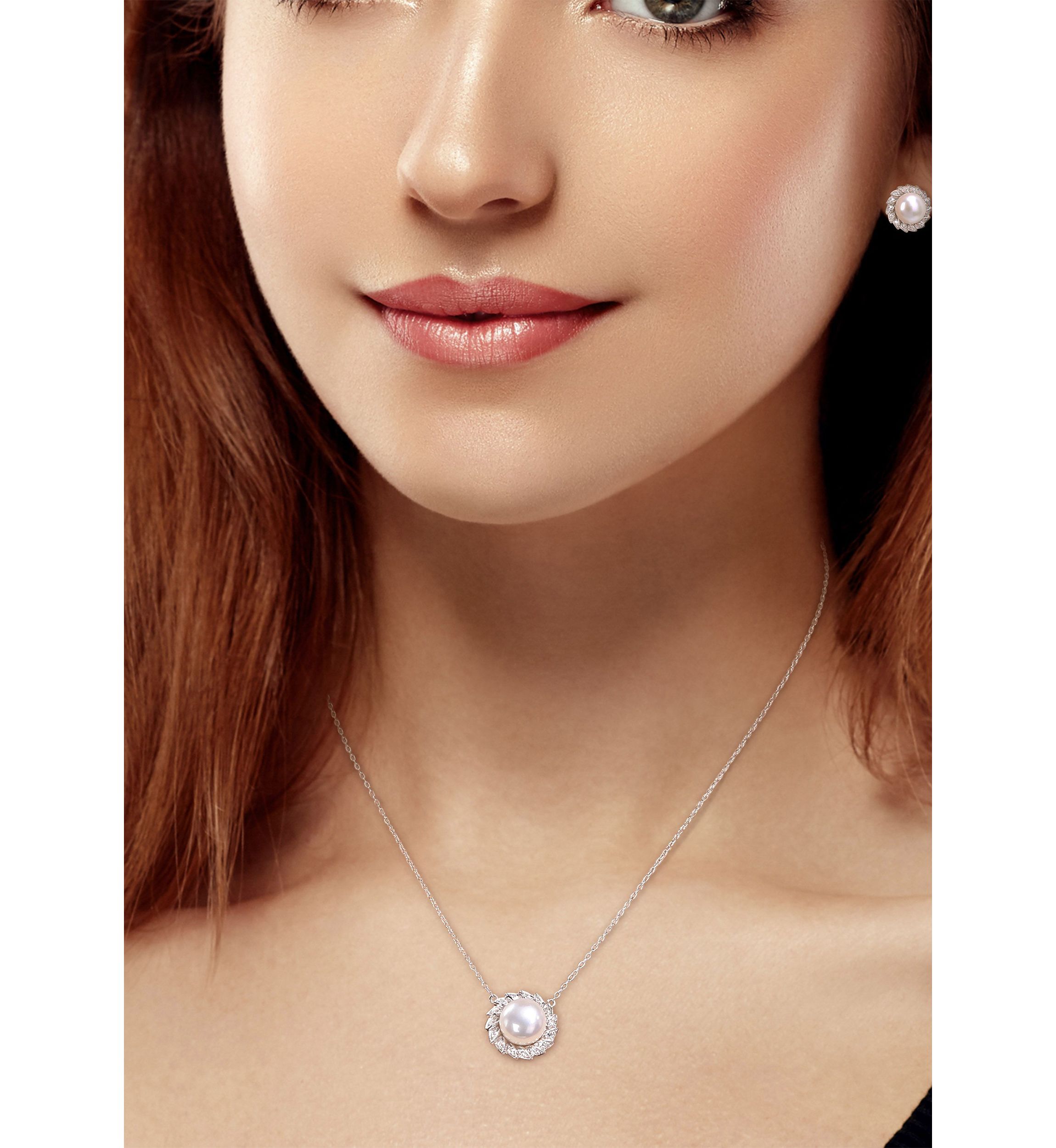 Lab Created 9.5-10mm Freshwater Cultured Pearl and 1/2 CT TGW Created White Sapphire Halo Earrings and Pendant with Chain in Sterling Silver