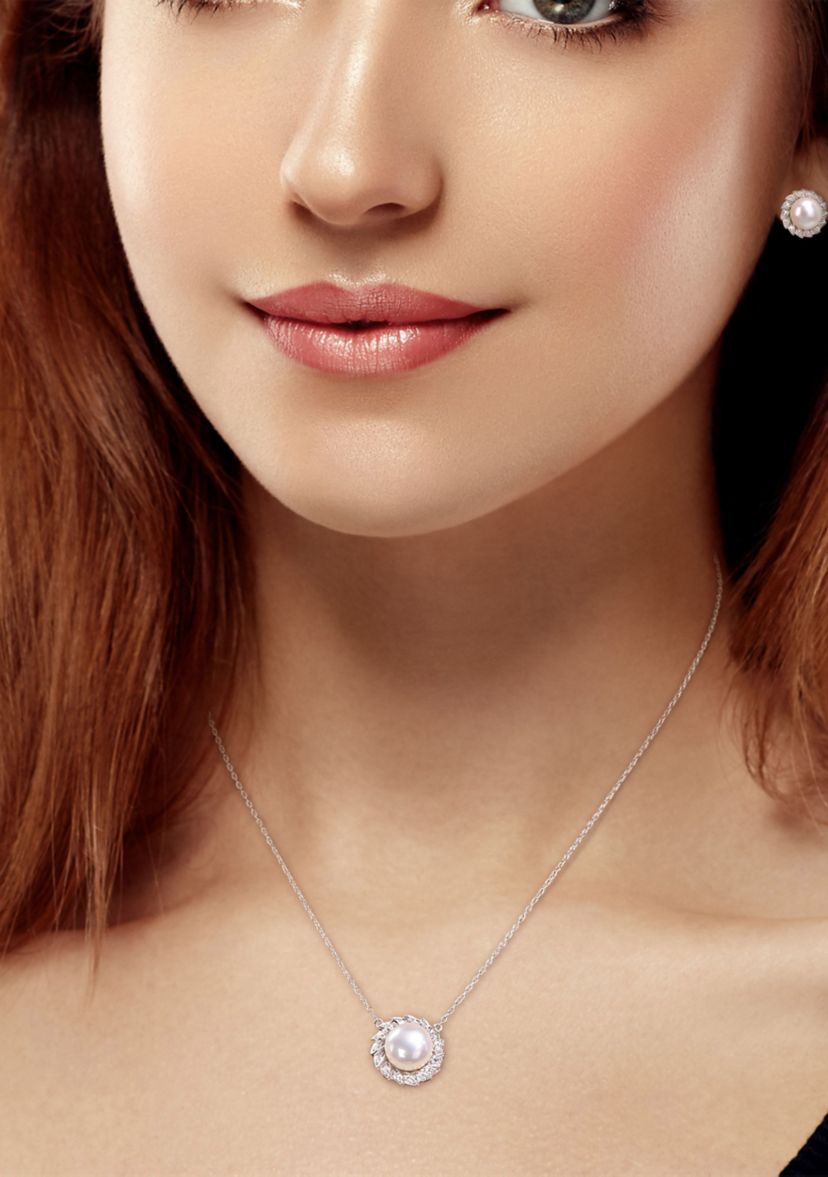 Lab Created 9.5-10mm Freshwater Cultured Pearl and 1/2 CT TGW Created White Sapphire Halo Earrings and Pendant with Chain in Sterling Silver