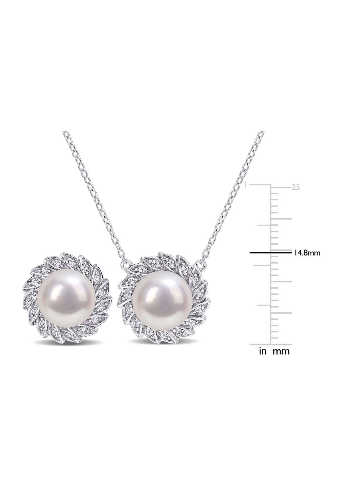 Lab Created 9.5-10mm Freshwater Cultured Pearl and 1/2 CT TGW Created White Sapphire Halo Earrings and Pendant with Chain in Sterling Silver
