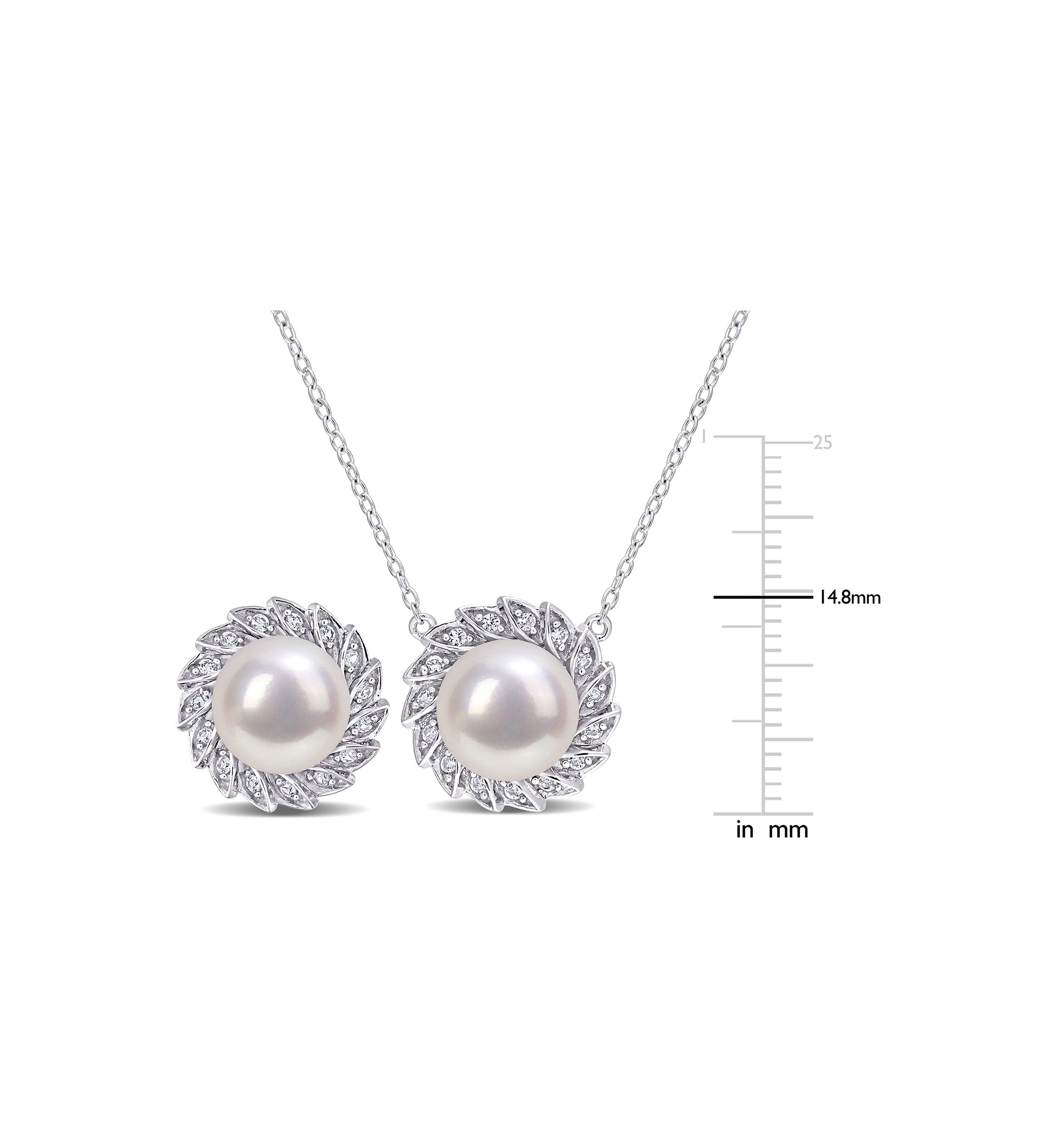 Lab Created 9.5-10mm Freshwater Cultured Pearl and 1/2 CT TGW Created White Sapphire Halo Earrings and Pendant with Chain in Sterling Silver