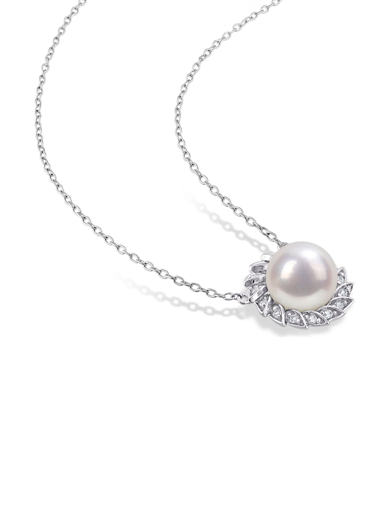 Lab Created 9.5-10mm Freshwater Cultured Pearl and 1/2 CT TGW Created White Sapphire Halo Earrings and Pendant with Chain in Sterling Silver