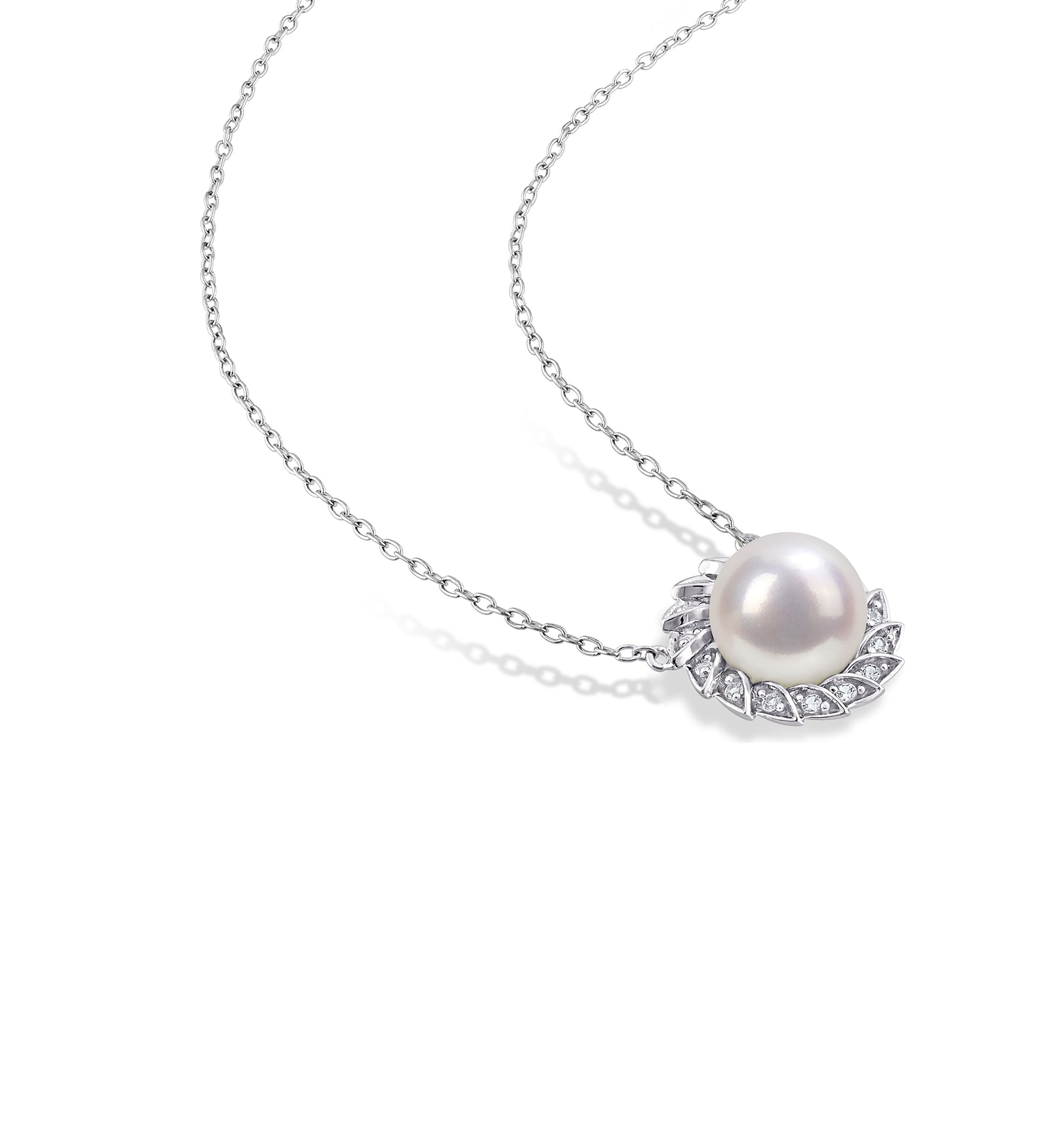 Lab Created 9.5-10mm Freshwater Cultured Pearl and 1/2 CT TGW Created White Sapphire Halo Earrings and Pendant with Chain in Sterling Silver