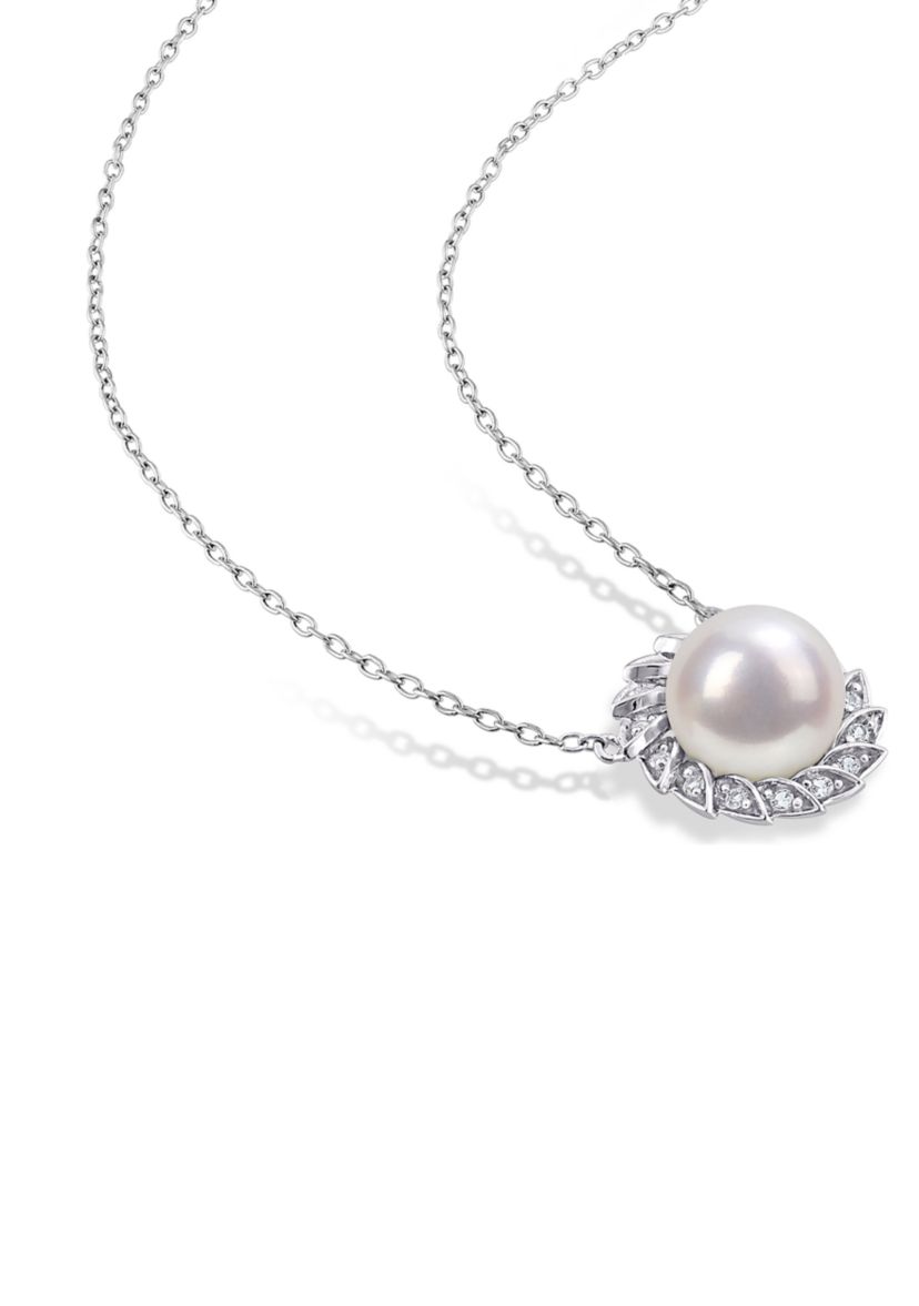 Lab Created 9.5-10mm Freshwater Cultured Pearl and 1/2 CT TGW Created White Sapphire Halo Earrings and Pendant with Chain in Sterling Silver