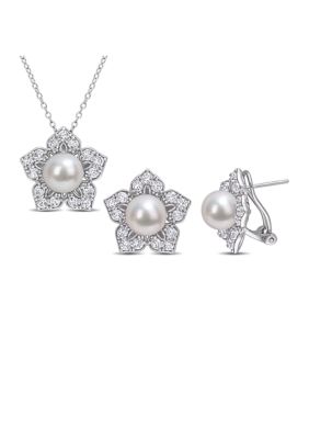 Belk & Co Lab Created 8.5-9 Mm Freshwater Cultured Pearl And 4 1/10 Ct Tgw Created White Sapphire Flower Earrings And Pendant With Chain In Sterling
