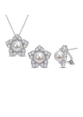 Belk & Co Lab Created 8.5-9 MM Freshwater Cultured Pearl and 4 1/10 CT TGW White Sapphire Flower Earrings and Pendant with Chain in Sterling Silver