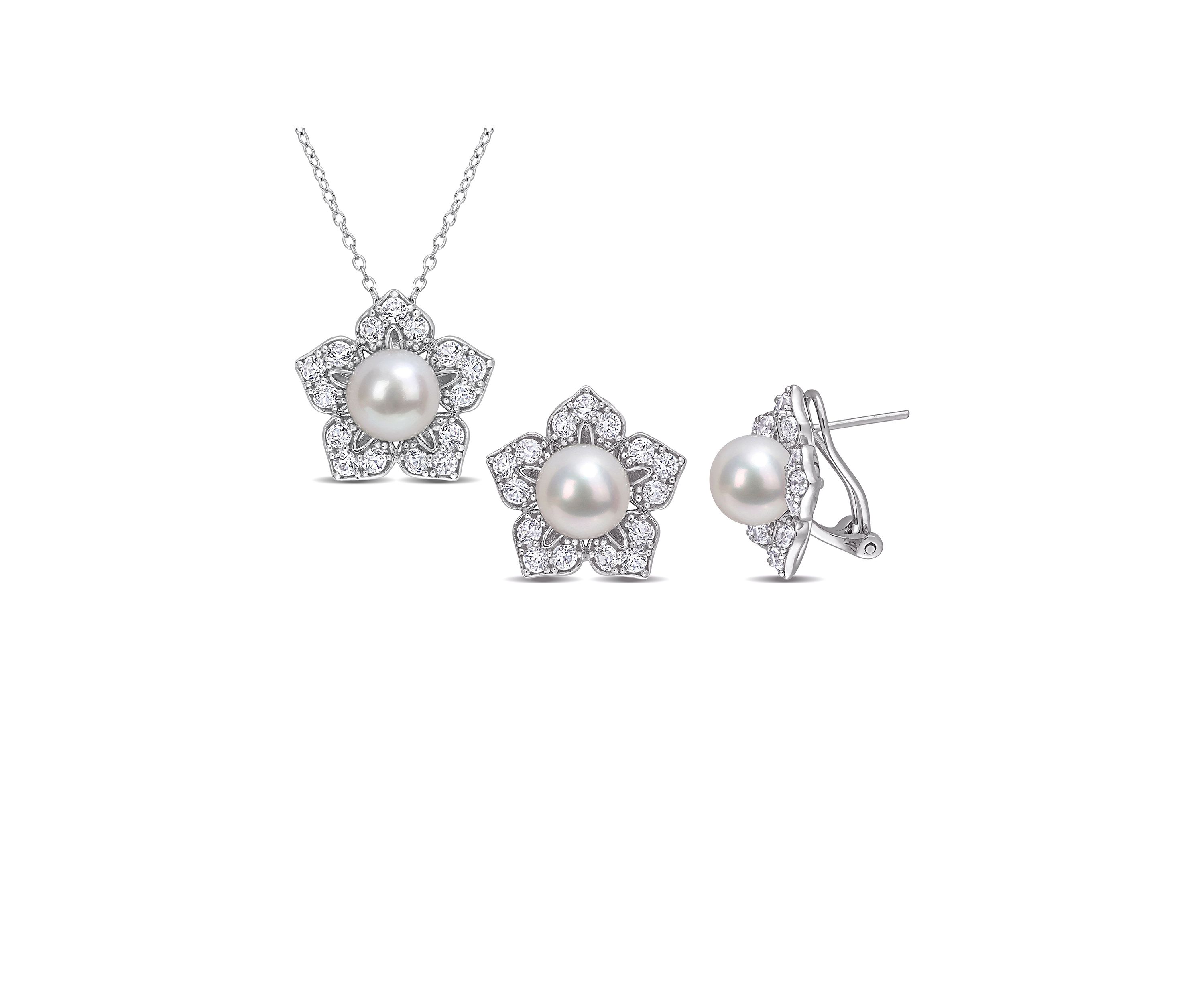 Lab Created 8.5-9 MM Freshwater Cultured Pearl and 4 1/10 CT TGW Created White Sapphire Flower Earrings and Pendant with Chain in Sterling Silver