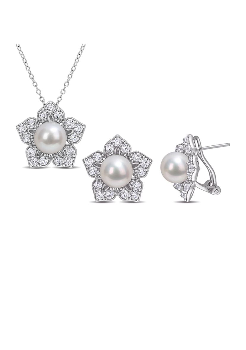 Lab Created 8.5-9 MM Freshwater Cultured Pearl and 4 1/10 CT TGW Created White Sapphire Flower Earrings and Pendant with Chain in Sterling Silver