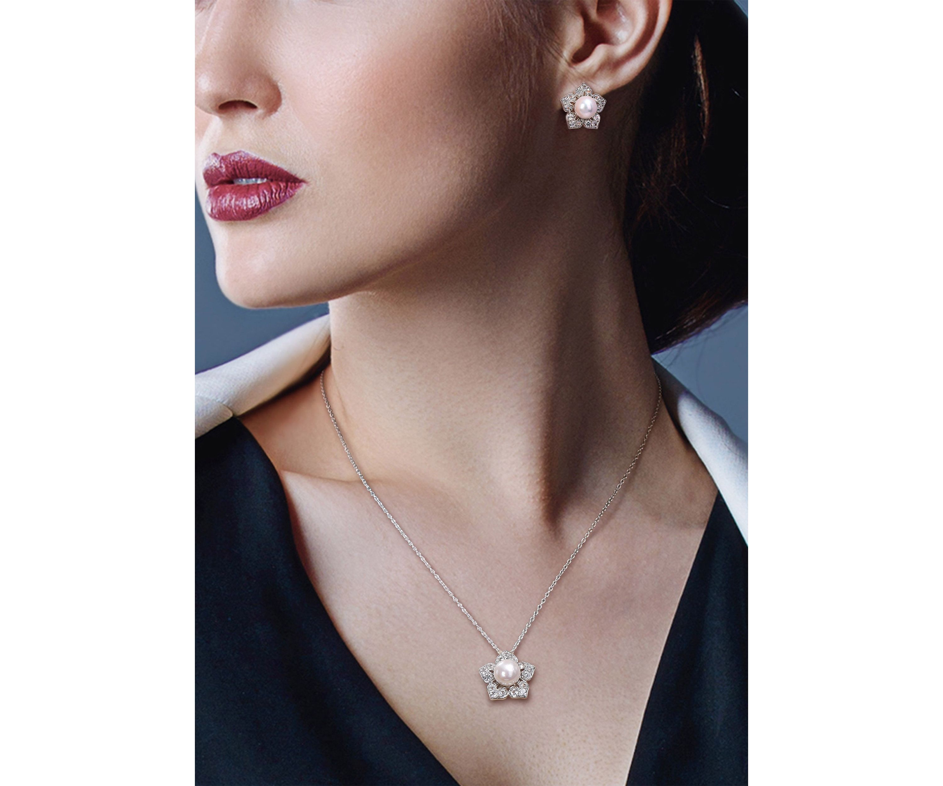 Lab Created 8.5-9 MM Freshwater Cultured Pearl and 4 1/10 CT TGW Created White Sapphire Flower Earrings and Pendant with Chain in Sterling Silver