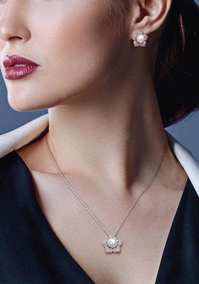 Lab Created 8.5-9 MM Freshwater Cultured Pearl and 4 1/10 CT TGW Created White Sapphire Flower Earrings and Pendant with Chain in Sterling Silver