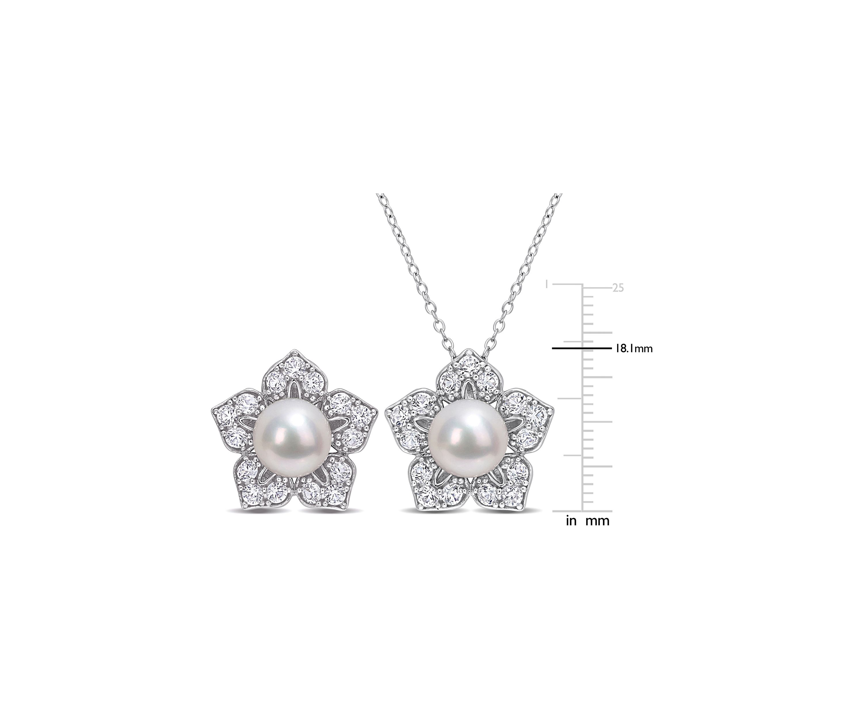 Lab Created 8.5-9 MM Freshwater Cultured Pearl and 4 1/10 CT TGW Created White Sapphire Flower Earrings and Pendant with Chain in Sterling Silver