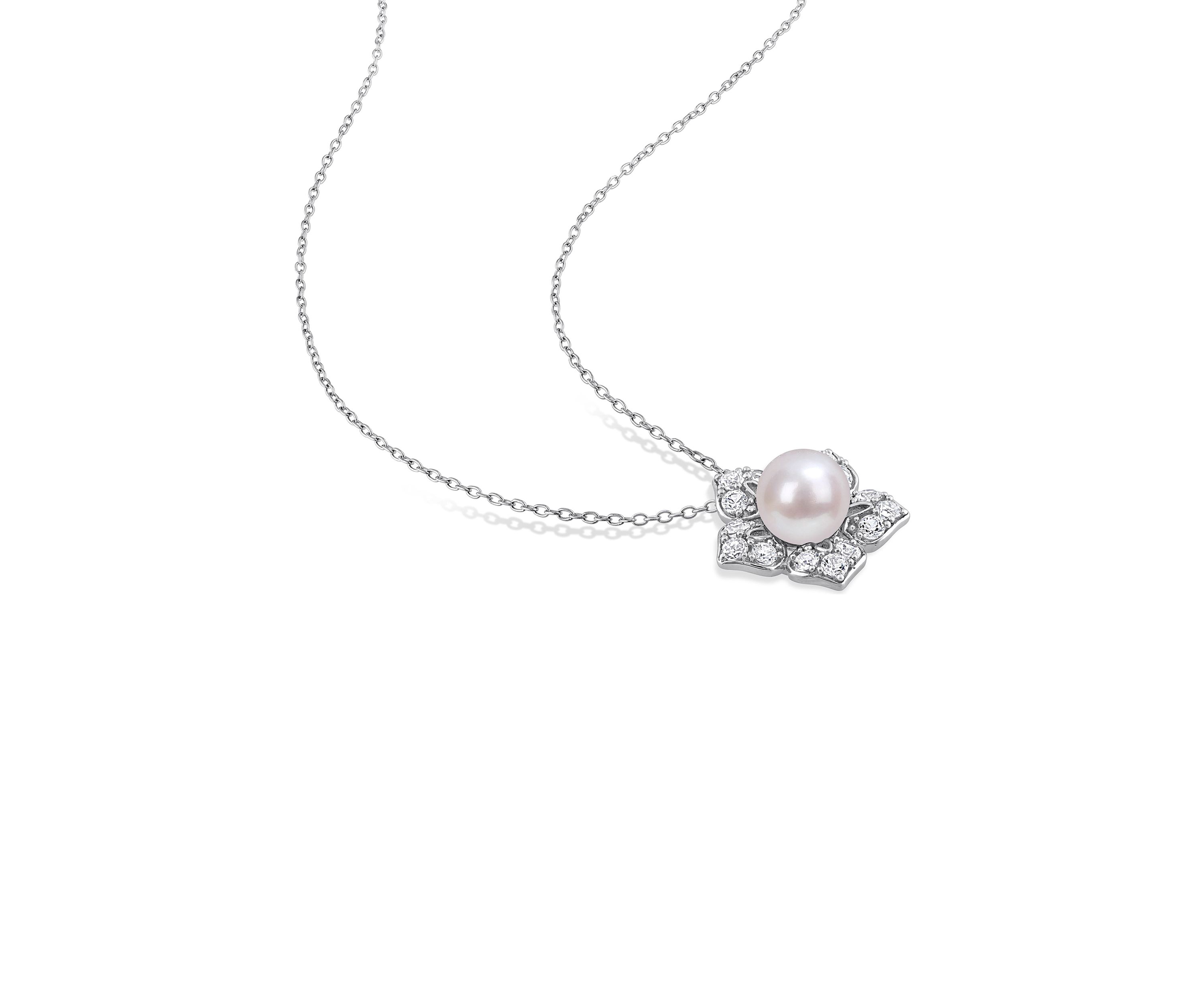 Lab Created 8.5-9 MM Freshwater Cultured Pearl and 4 1/10 CT TGW Created White Sapphire Flower Earrings and Pendant with Chain in Sterling Silver