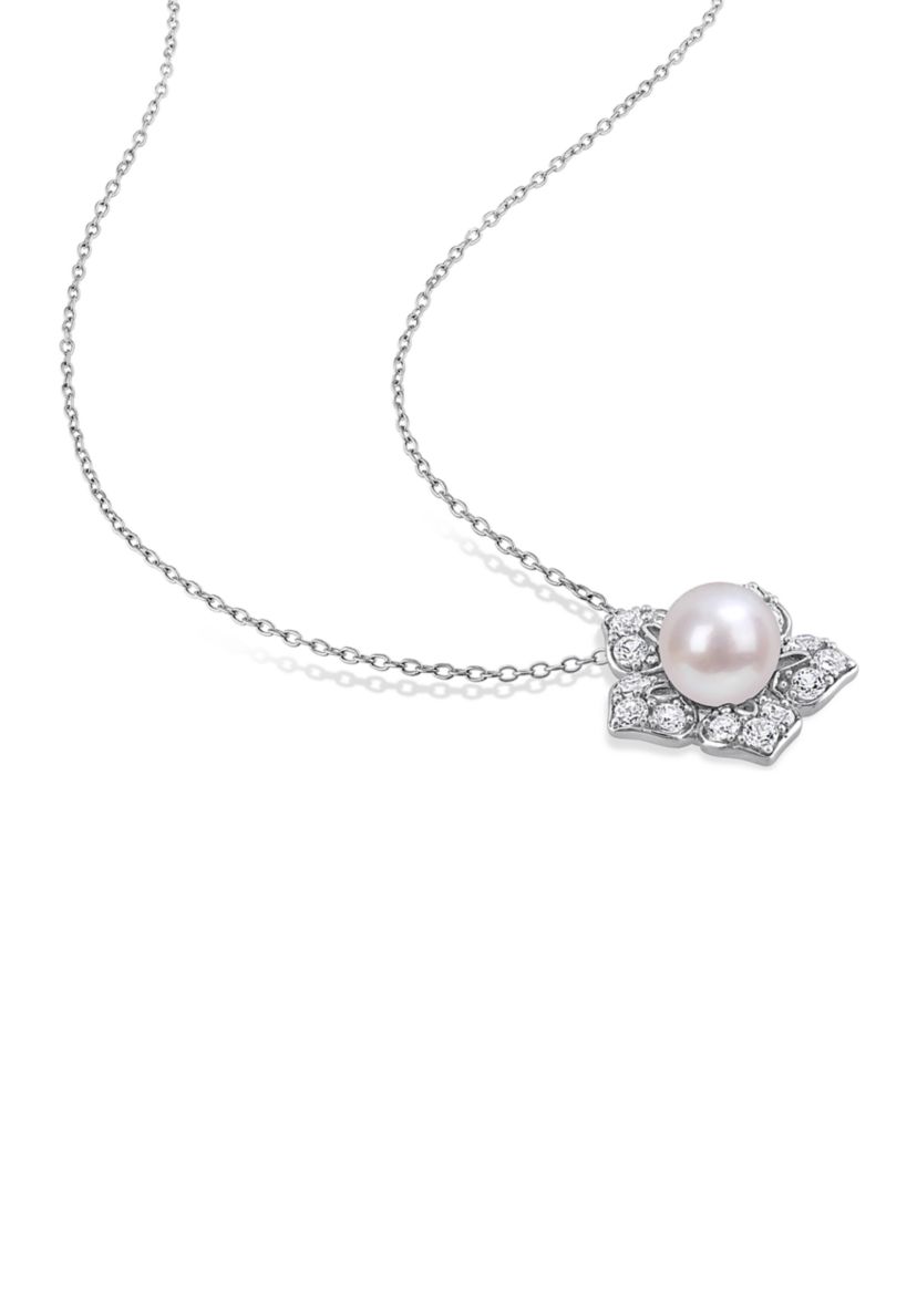 Lab Created 8.5-9 MM Freshwater Cultured Pearl and 4 1/10 CT TGW Created White Sapphire Flower Earrings and Pendant with Chain in Sterling Silver